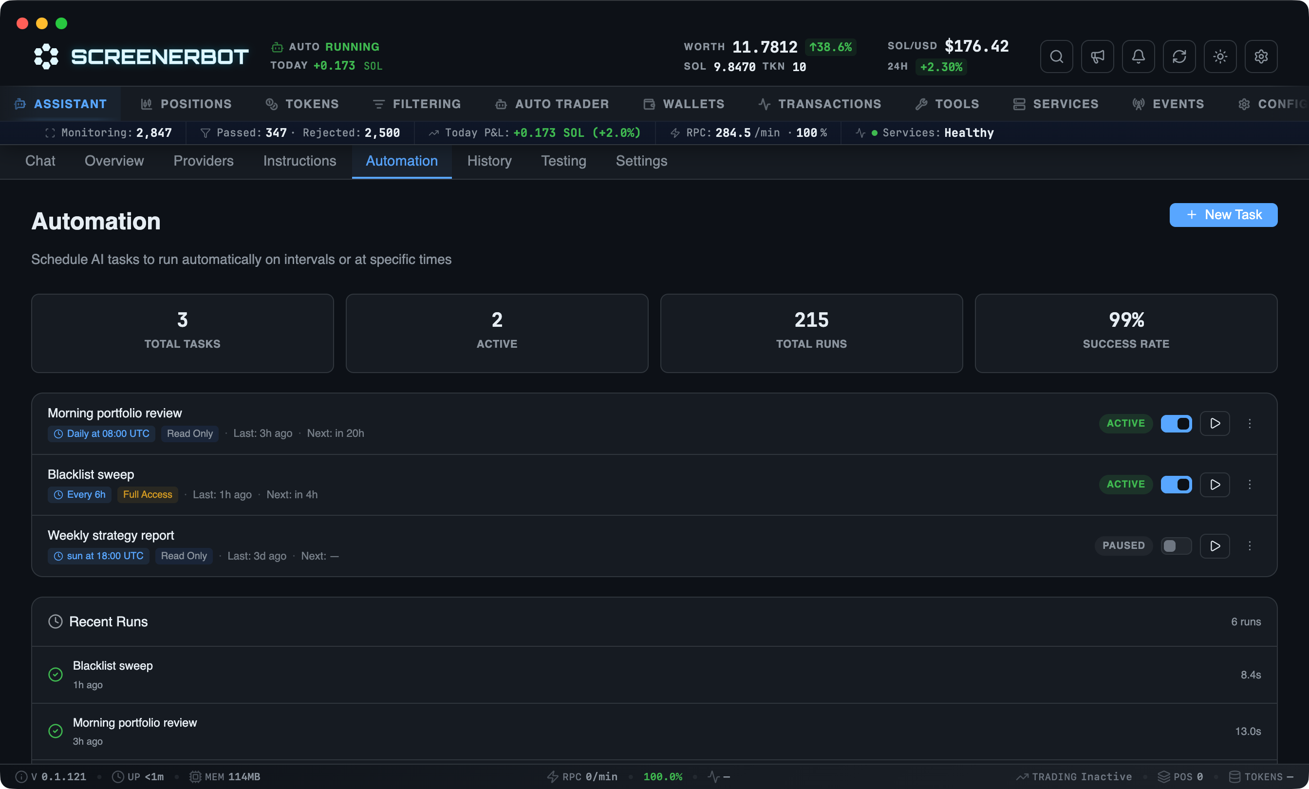 ScreenerBot Assistant Automation screenshot — Schedule the assistant to review positions, sweep the blacklist, and report on a timer