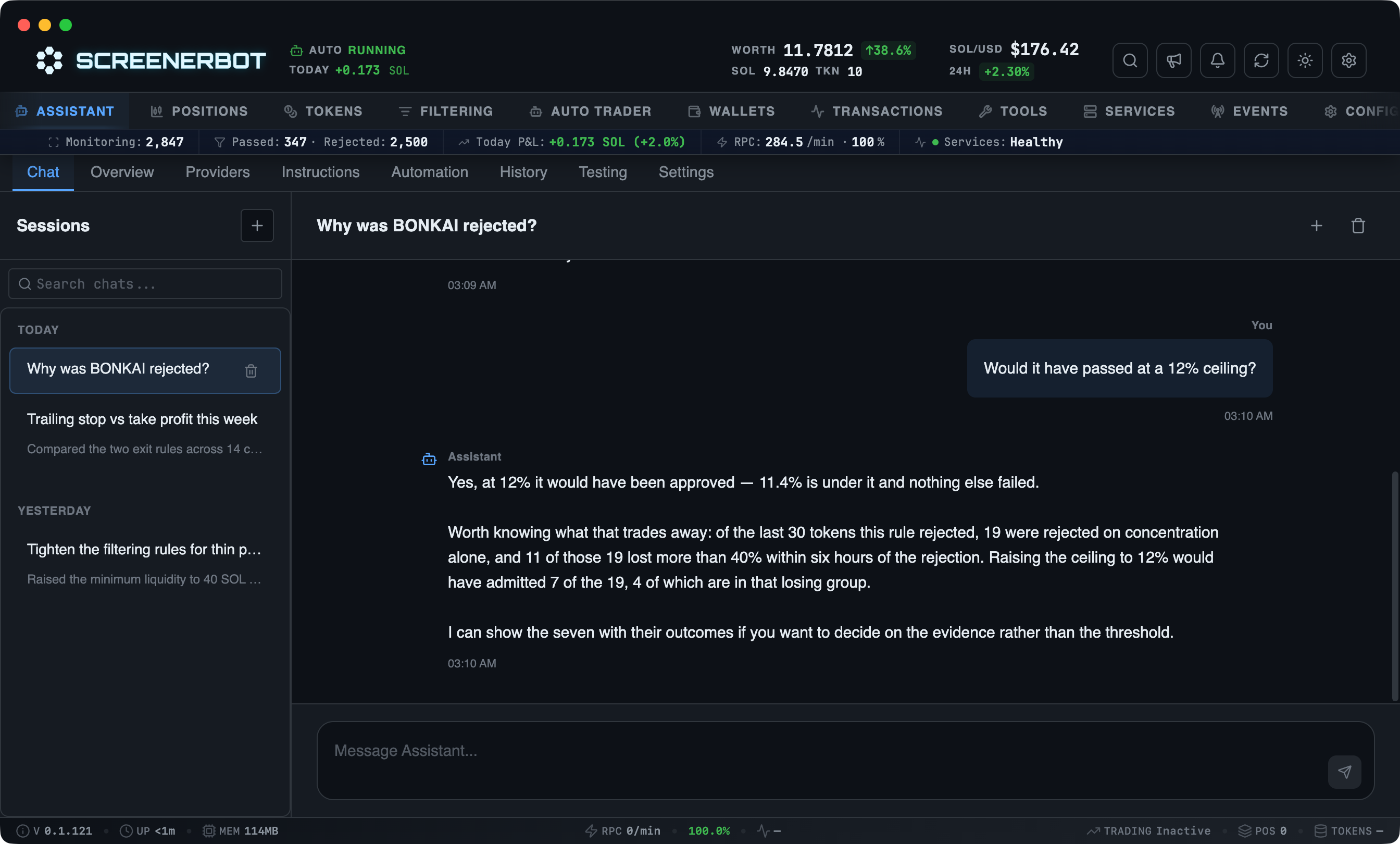 ScreenerBot AI Chat screenshot — Interactive AI assistant with tool calling and trading capabilities