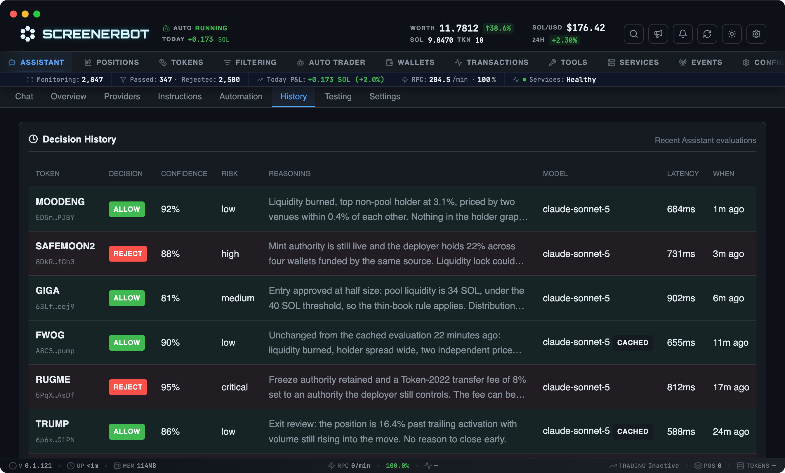 ScreenerBot Assistant Decision History screenshot — Every AI verdict with its confidence, latency, provider, and the reasoning behind it
