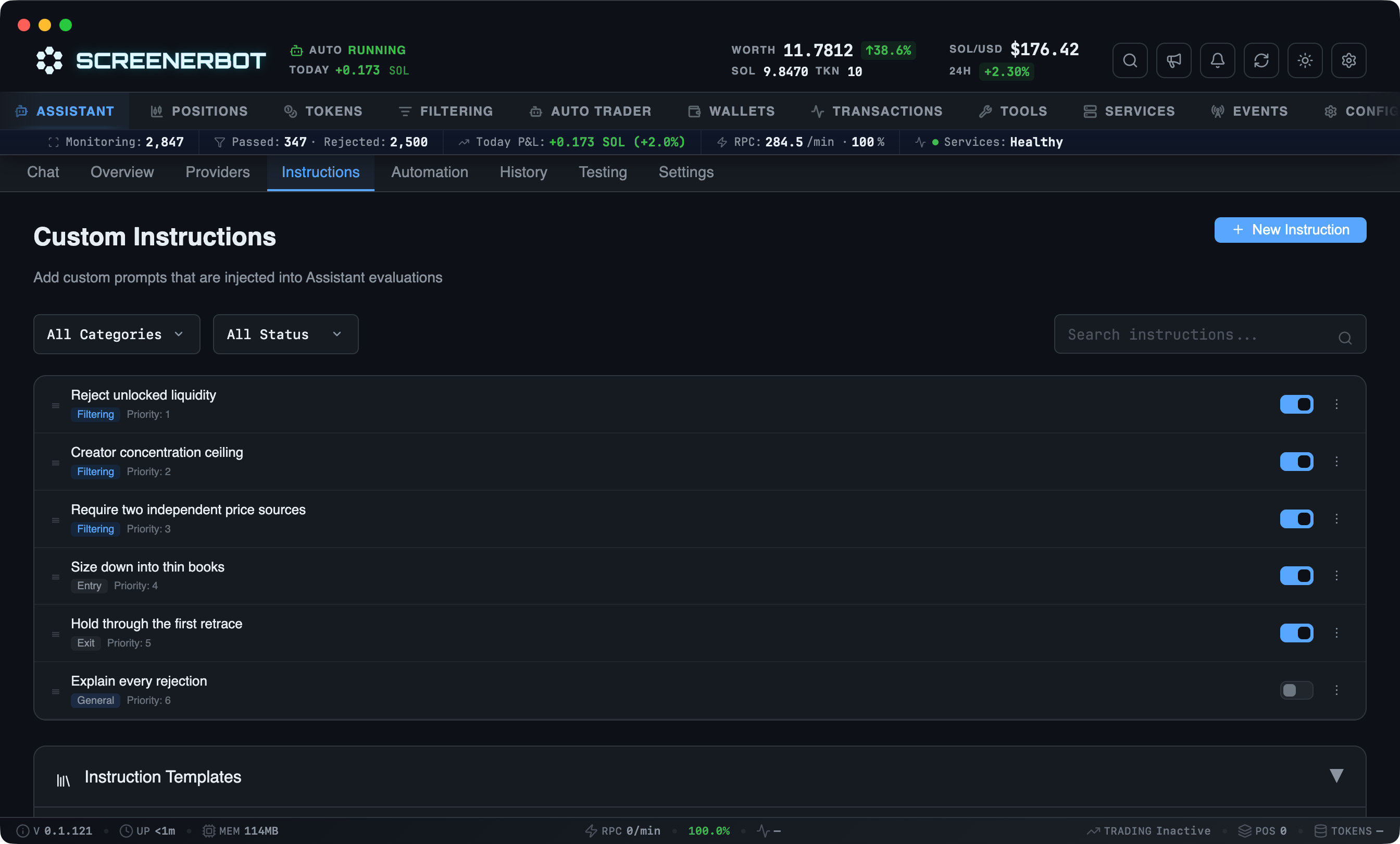ScreenerBot Custom Instructions screenshot — Create and manage custom AI instructions for personalized analysis
