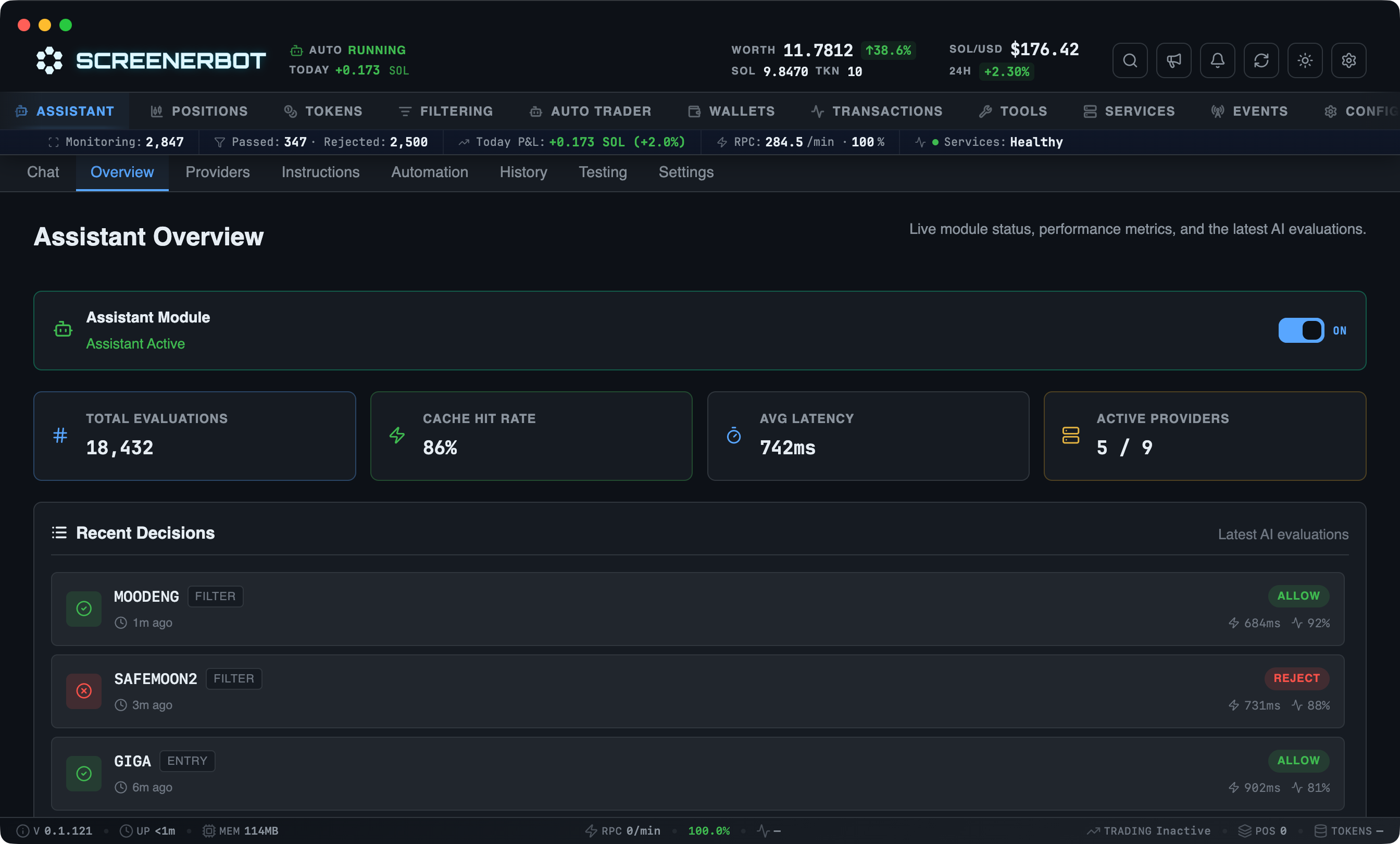 ScreenerBot Assistant Overview screenshot — AI module status, metrics, and provider configuration
