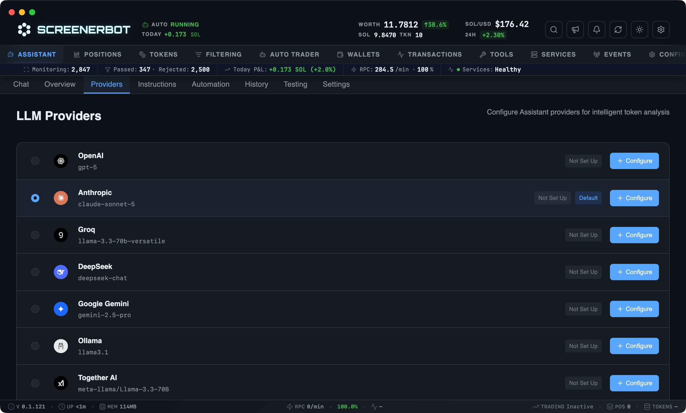 ScreenerBot AI Providers screenshot — Configure multiple LLM providers including OpenAI, Anthropic, and more