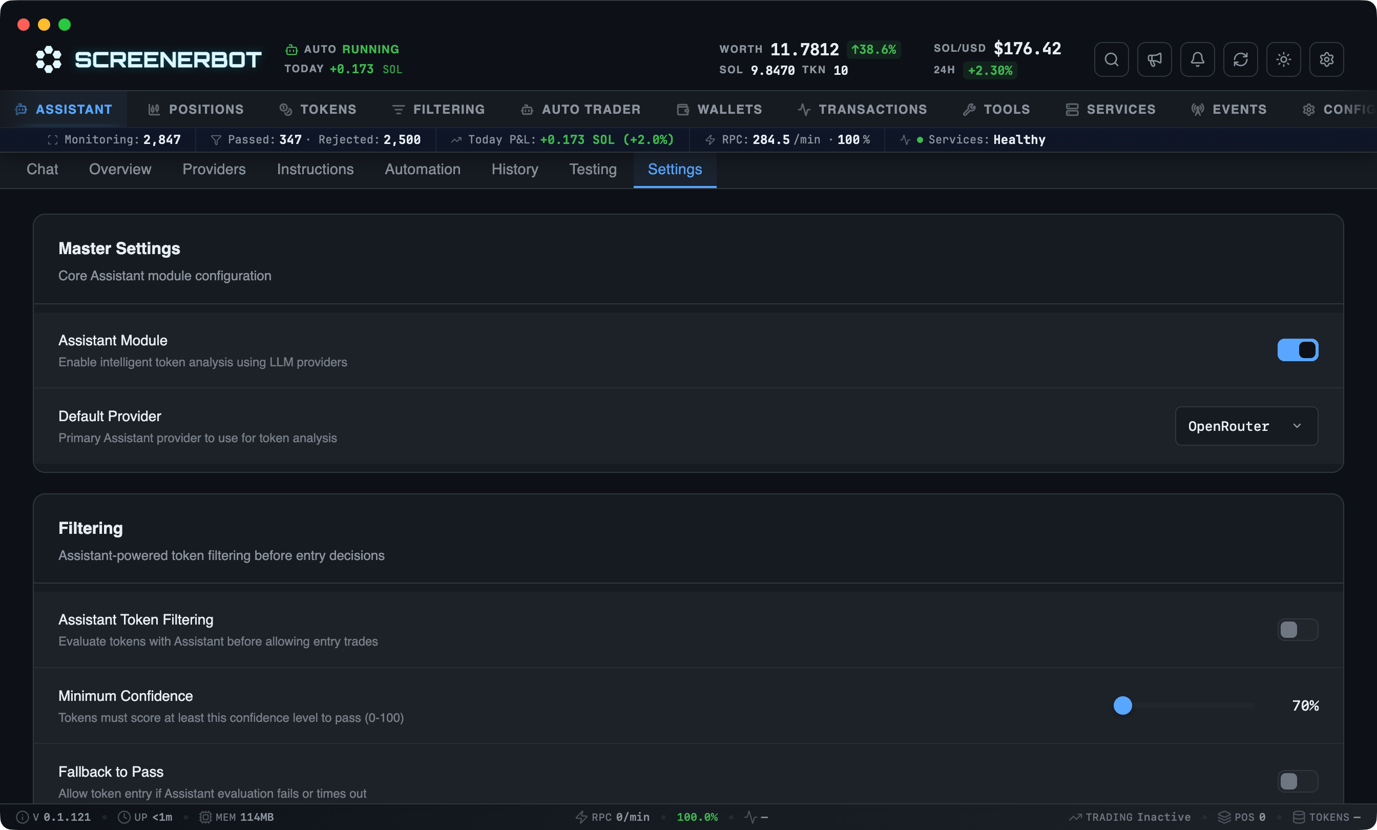 ScreenerBot Assistant Settings screenshot — Model selection, limits, and which tools the assistant may call