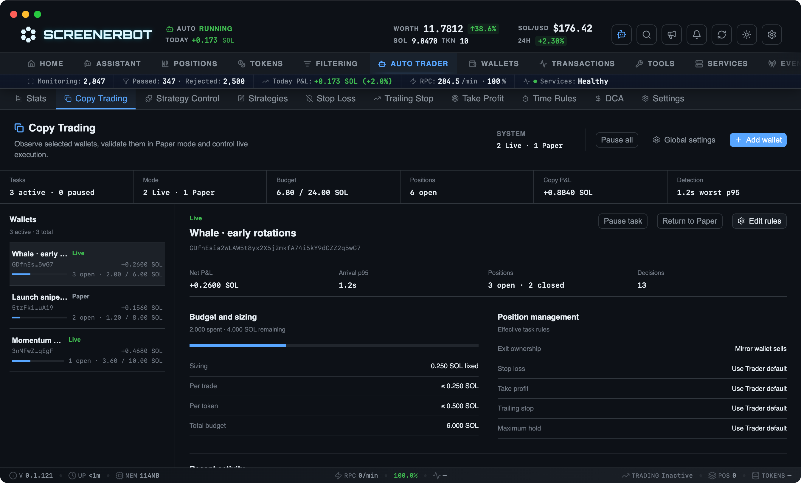 ScreenerBot Auto Trader - Copy Trading screenshot — Mirror the trades of watched wallets with per-task sizing and limits