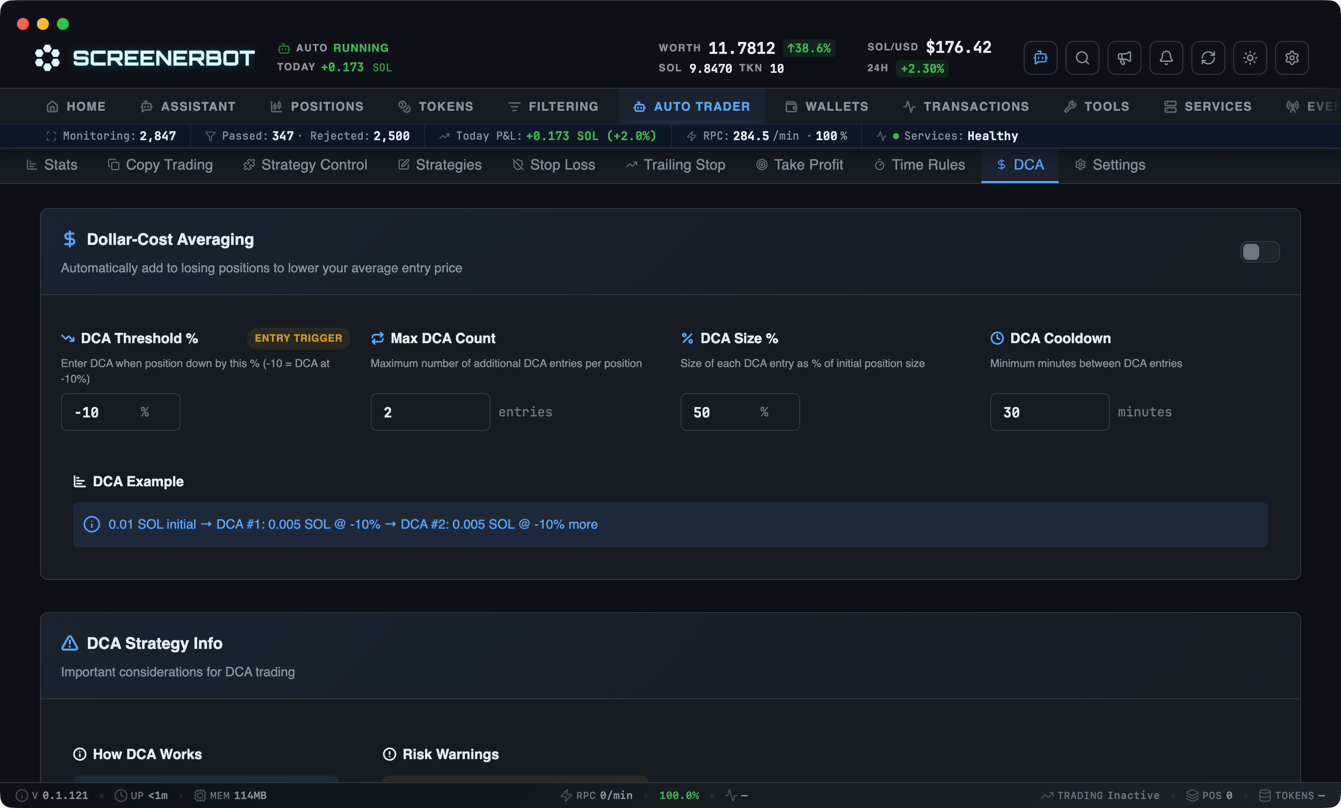 ScreenerBot Auto Trader - DCA screenshot — Configure drawdown, count, size, and cooldown rules for additional entries