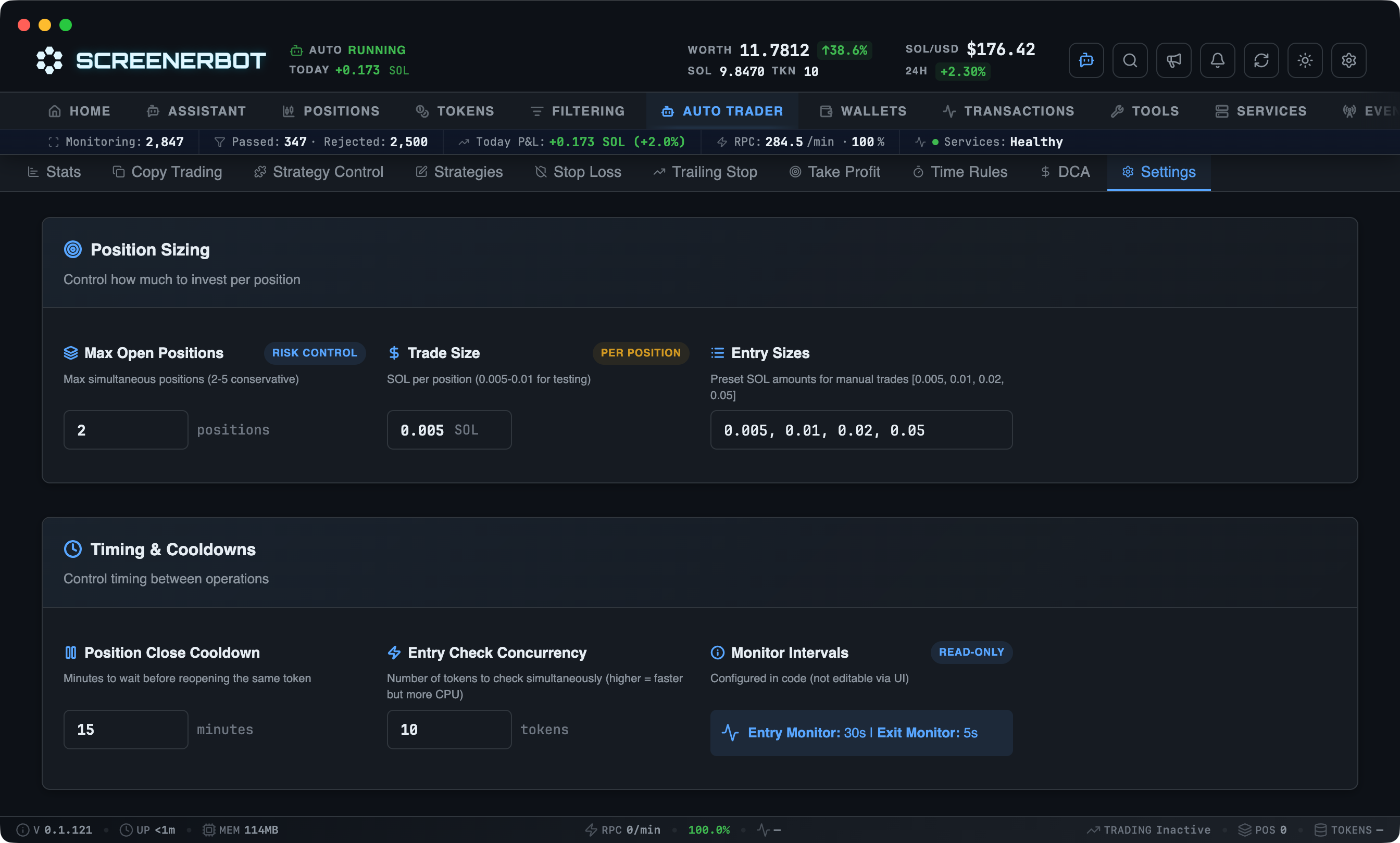 ScreenerBot Auto Trader - Settings screenshot — Configure position sizing, entry presets, re-entry cooldown, and concurrency
