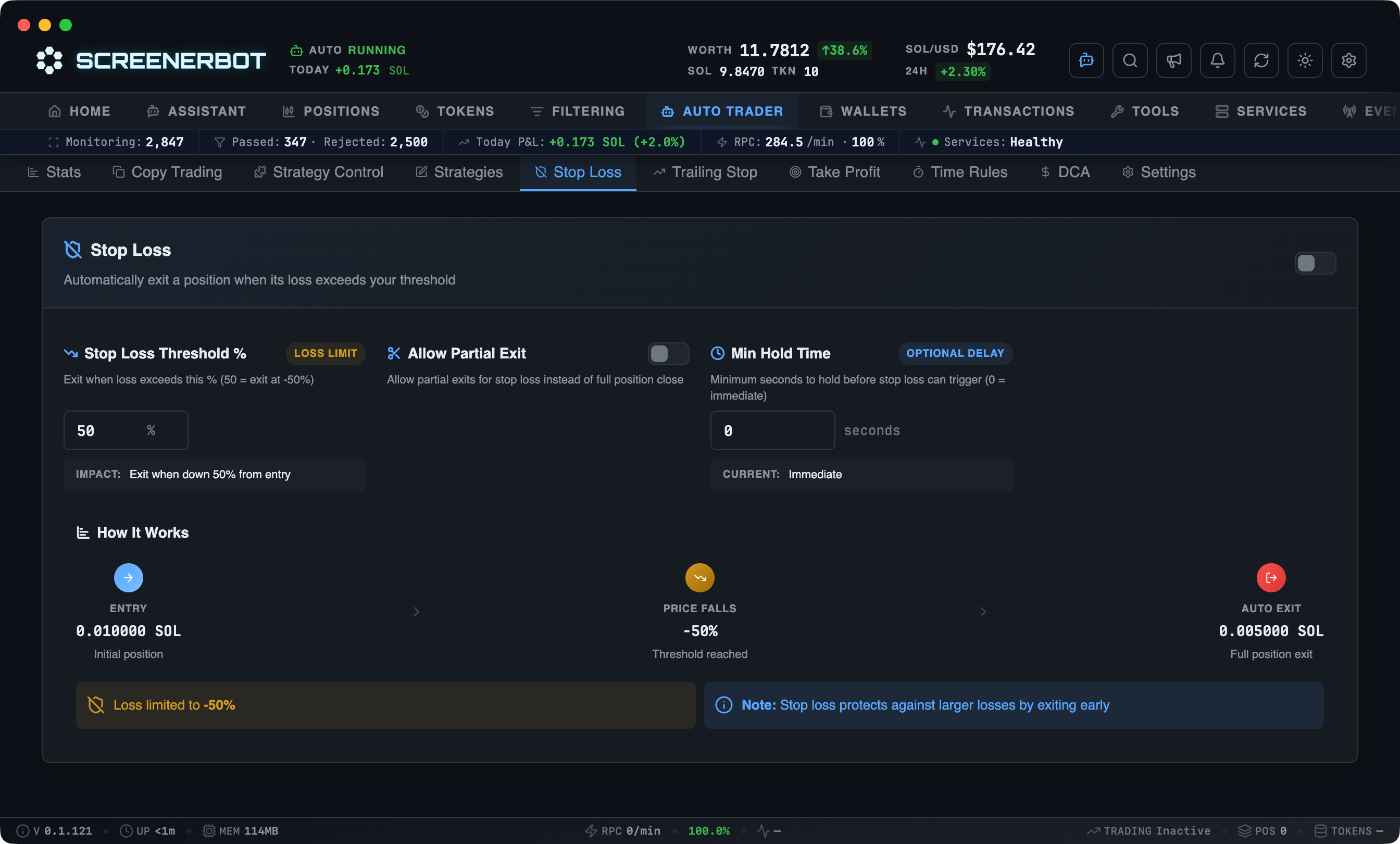 ScreenerBot Auto Trader - Stop Loss screenshot — Configure fixed-loss exits, minimum hold time, and partial-exit behavior