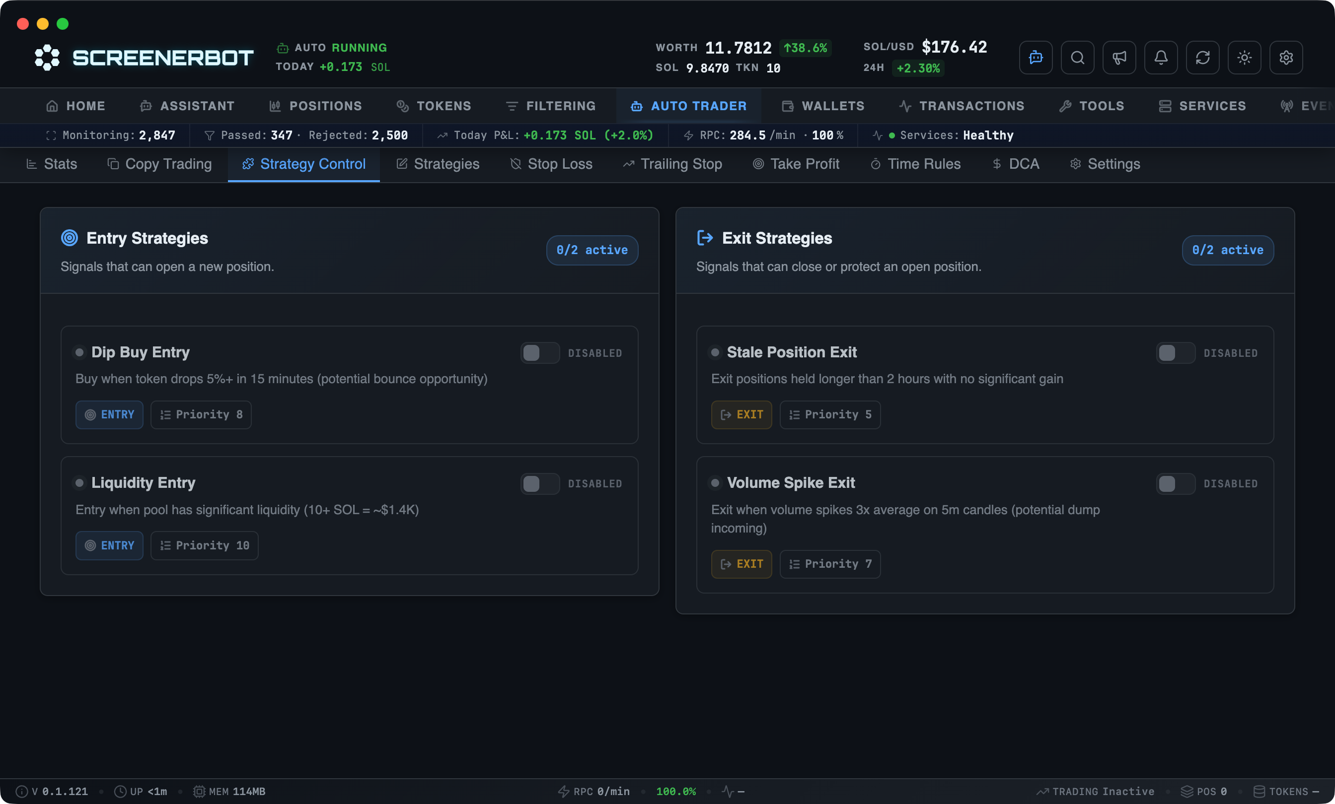 ScreenerBot Auto Trader - Strategy Control screenshot — Enable and disable saved entry and exit strategies from separate lanes