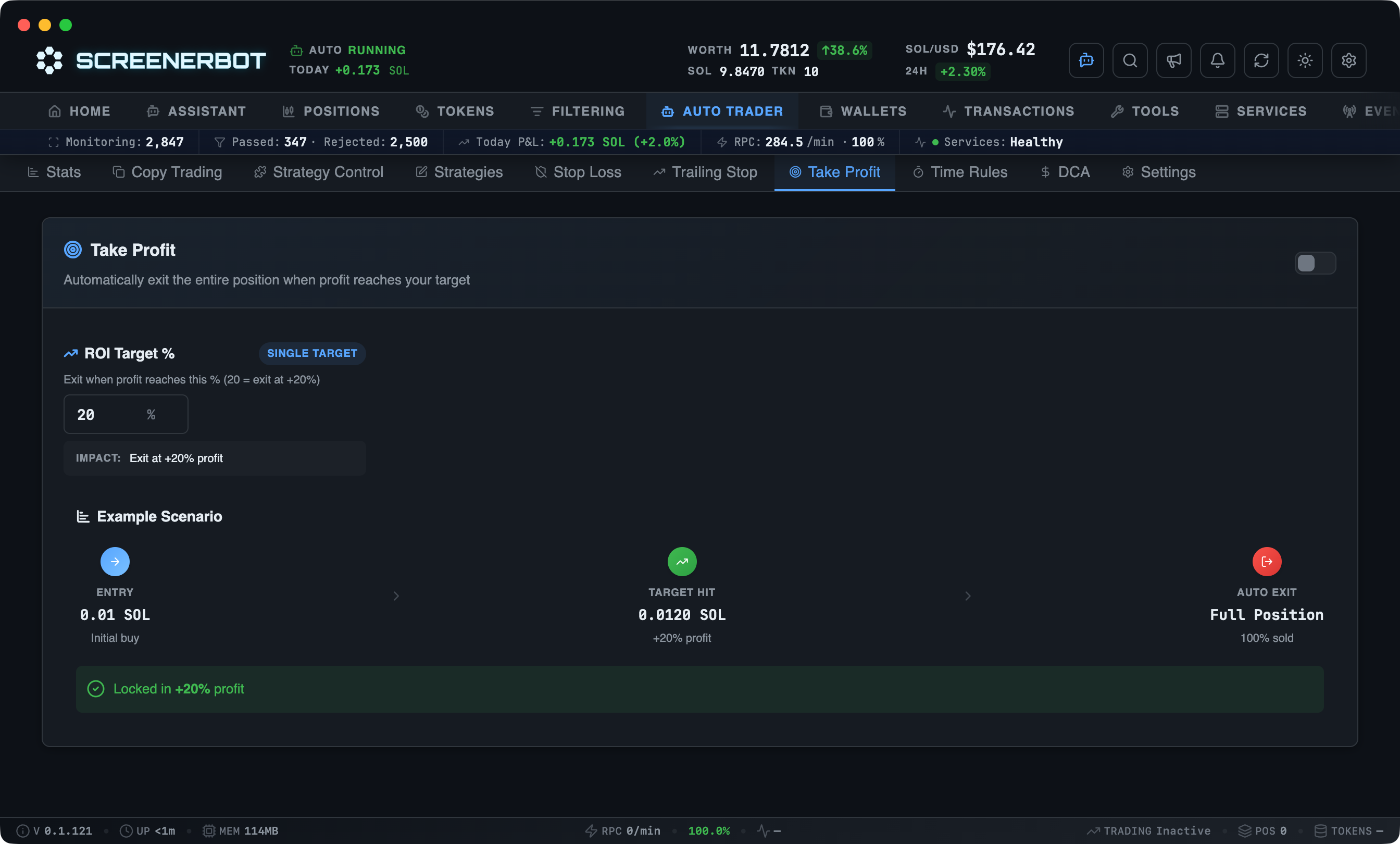 ScreenerBot Auto Trader - Take Profit screenshot — Configure the ROI target for an automatic full-position exit
