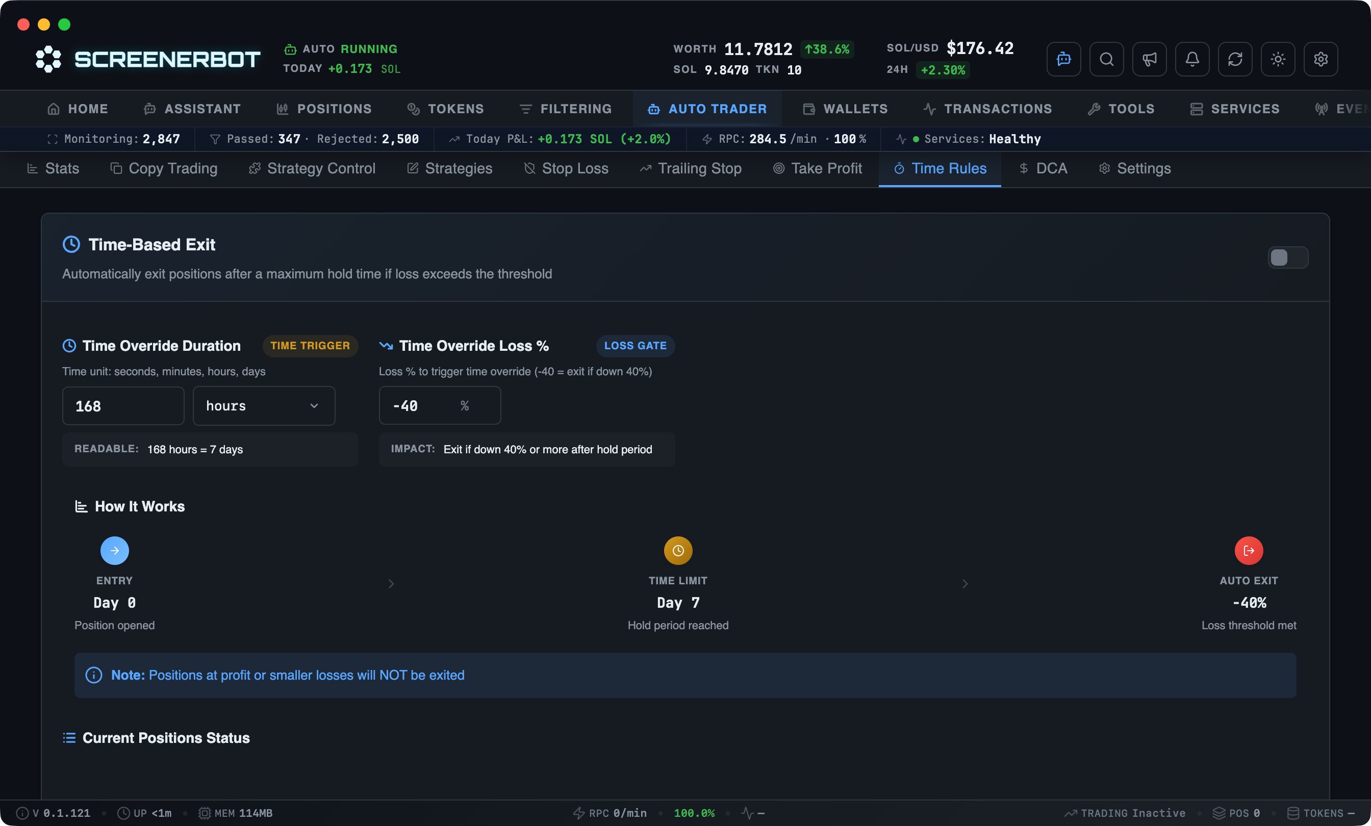 ScreenerBot Auto Trader - Time Rules screenshot — Configure duration and loss conditions for stale-position exits