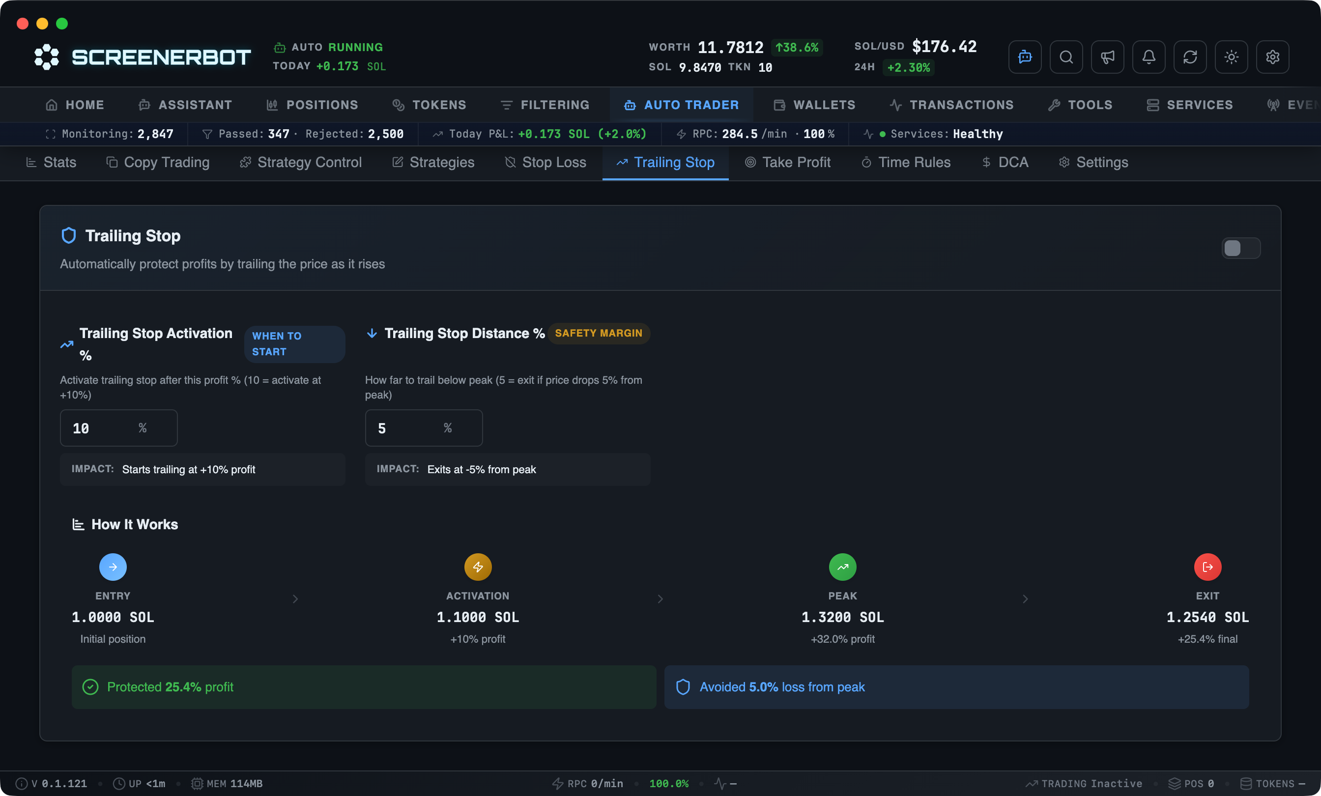 ScreenerBot Auto Trader - Trailing Stop screenshot — Configure activation profit and trail distance with a live behavior preview