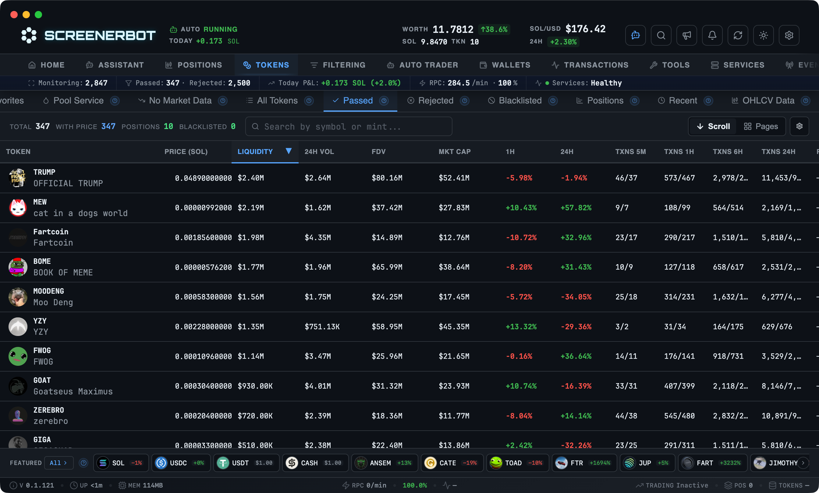 ScreenerBot Featured - Compact Row screenshot — Boosted tokens first, then trending, shown above the dashboard status bar