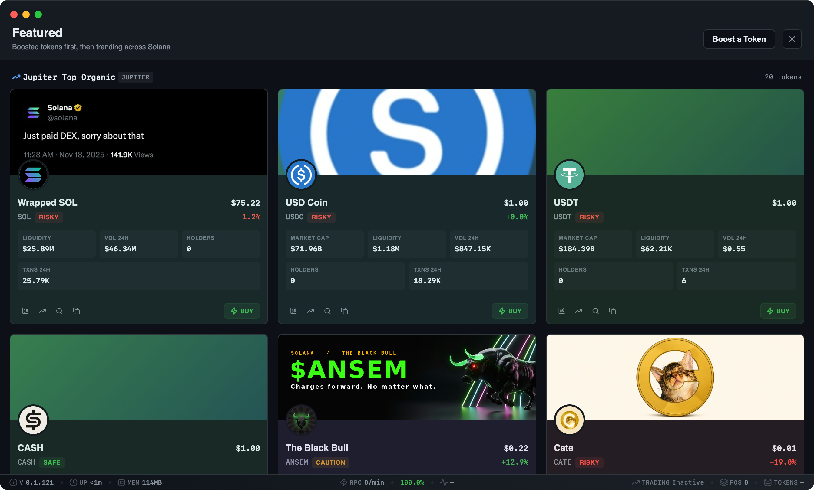 ScreenerBot Featured - Full View screenshot — Boosted, Jupiter, and DexScreener categories with enriched token cards