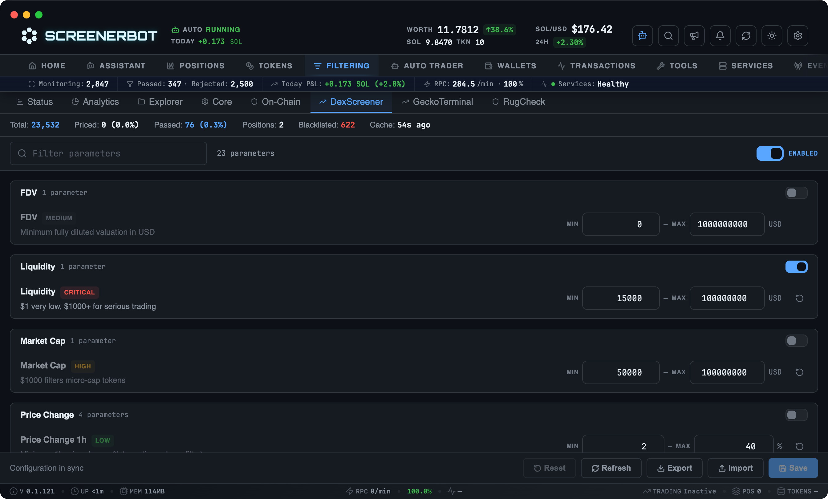 ScreenerBot DexScreener Filters screenshot — Configure token profile, liquidity, activity, volume, and momentum checks
