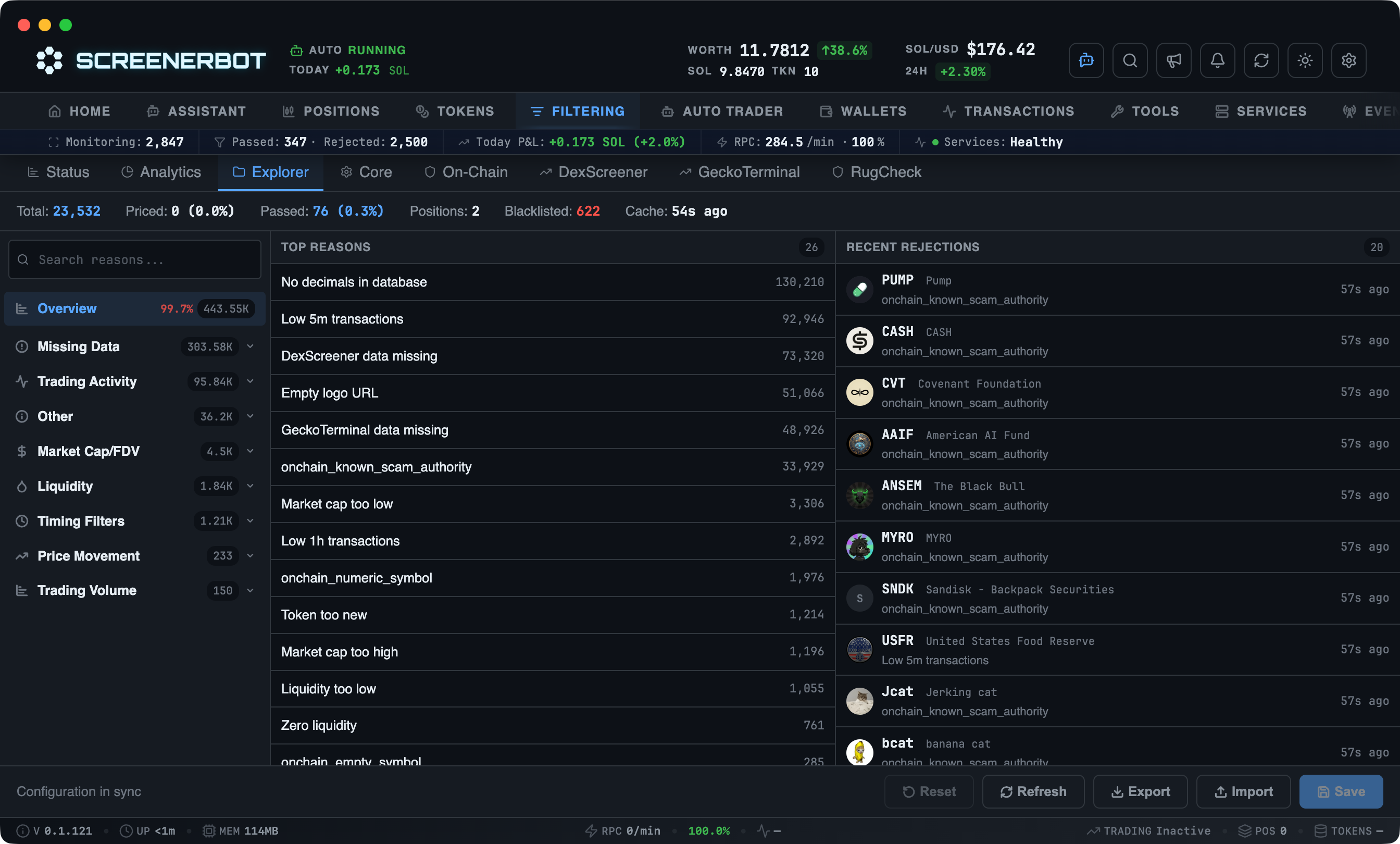 ScreenerBot Rejection Explorer screenshot — Browse rejection reasons and inspect matching token records