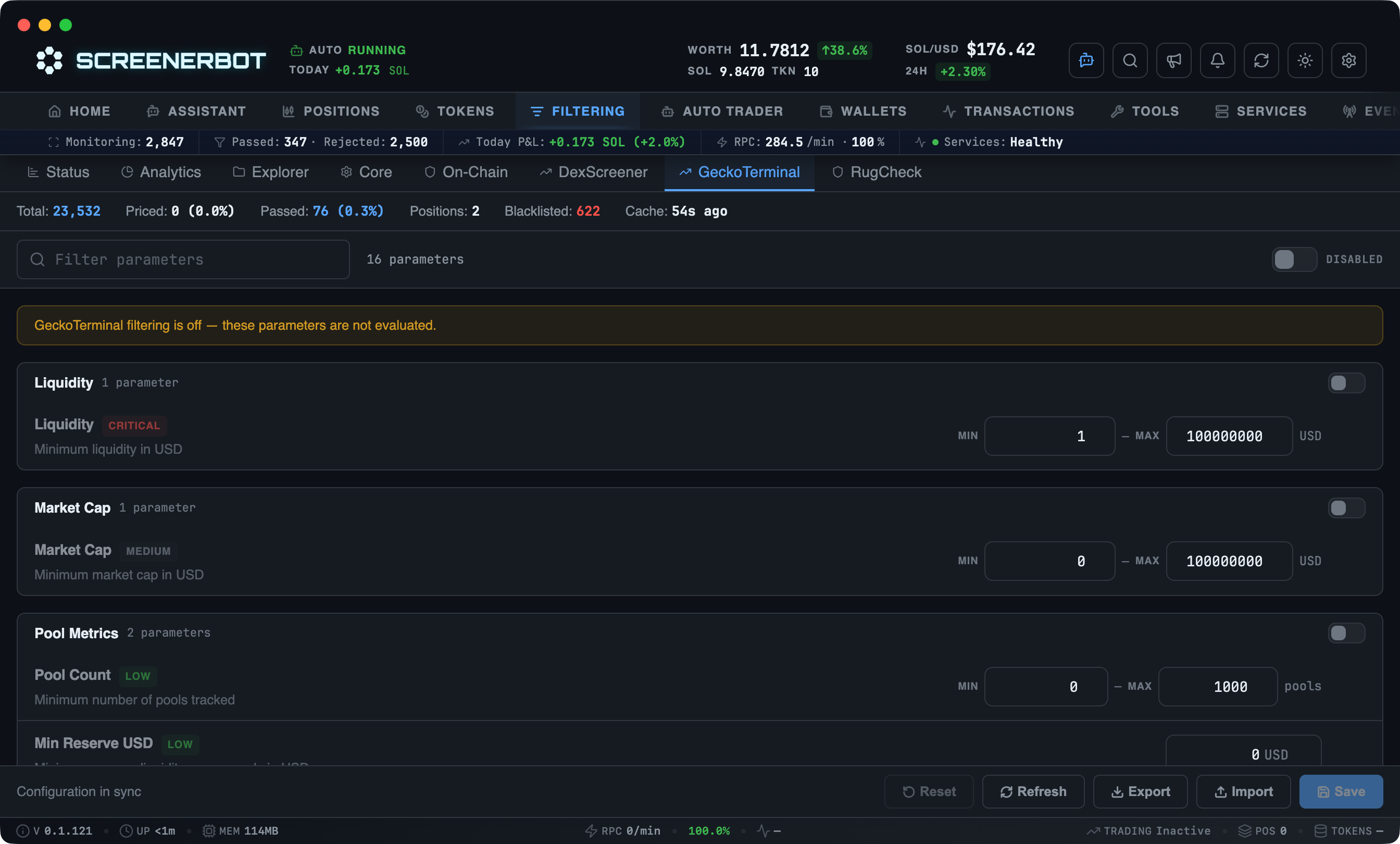 ScreenerBot GeckoTerminal Filters screenshot — Configure market, activity, price-change, and pool-metric checks