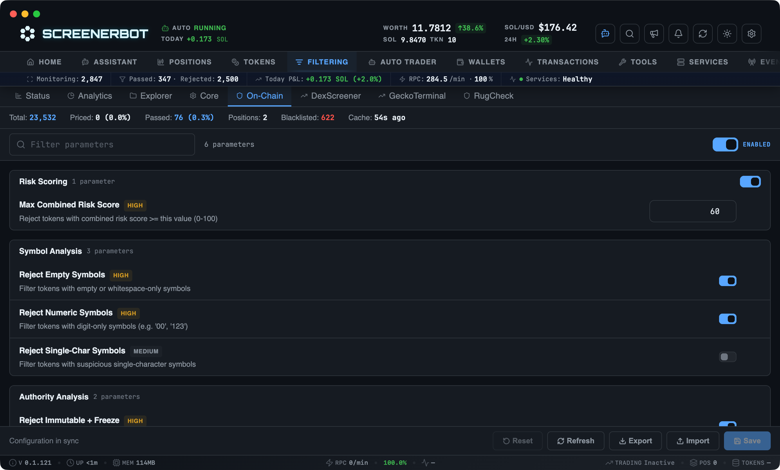ScreenerBot On-Chain Filters screenshot — Configure symbol, authority, scam-pattern, and combined-risk checks