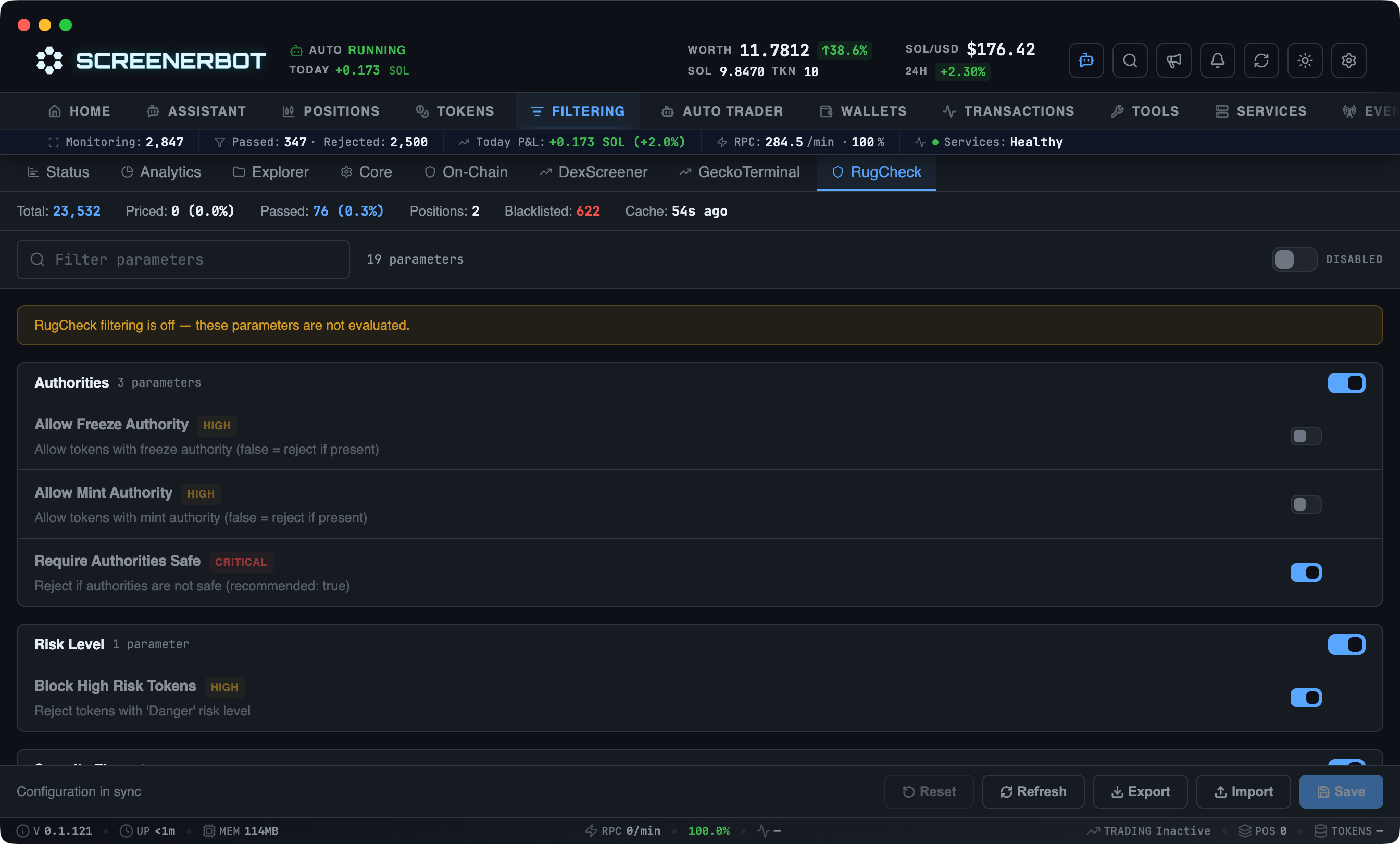 ScreenerBot RugCheck Filters screenshot — Configure report risk, authority, holder, insider, LP, and transfer-fee checks
