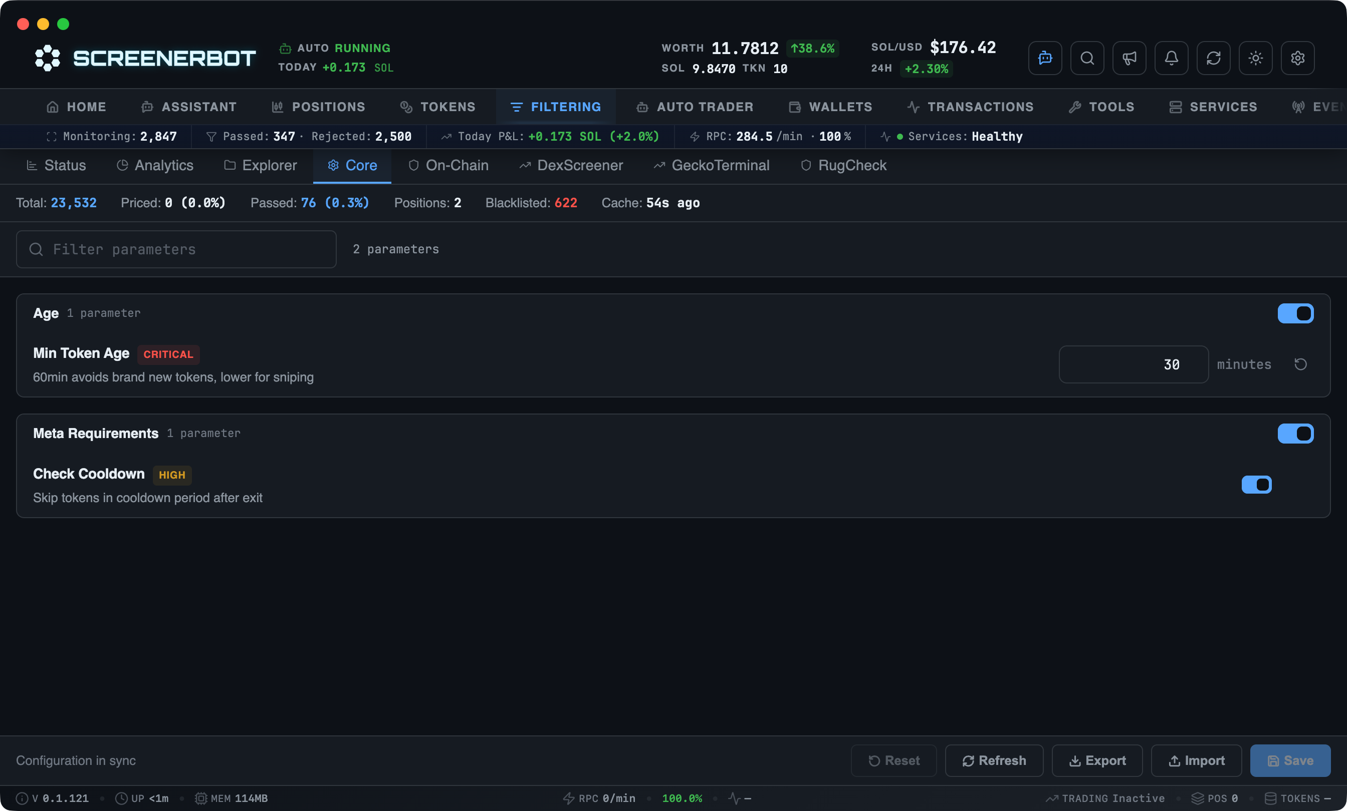 ScreenerBot Core Filters screenshot — Configure token age and post-exit cooldown requirements