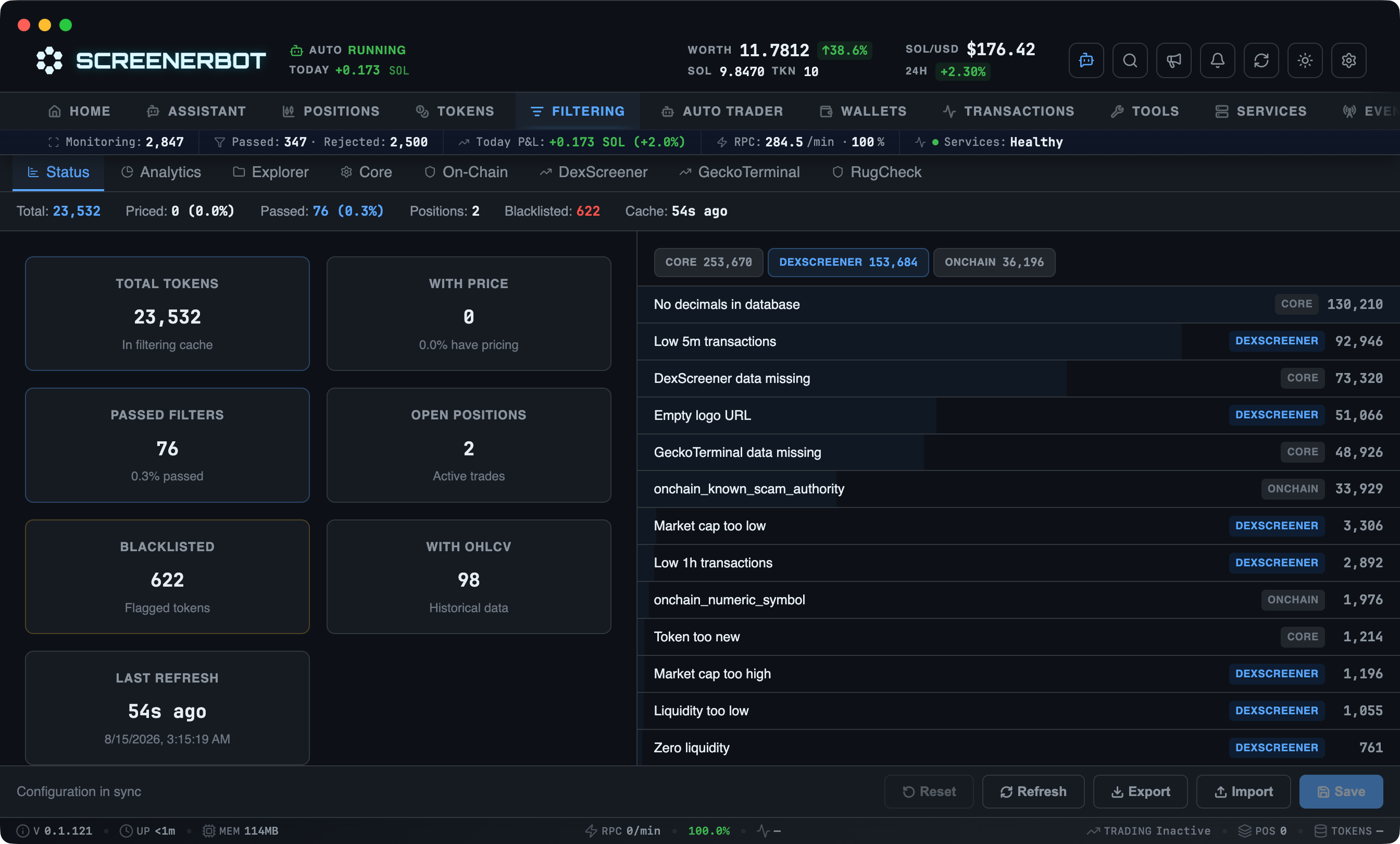 ScreenerBot Filtering Status screenshot — Live filtering cache health, coverage metrics, and rejection reasons