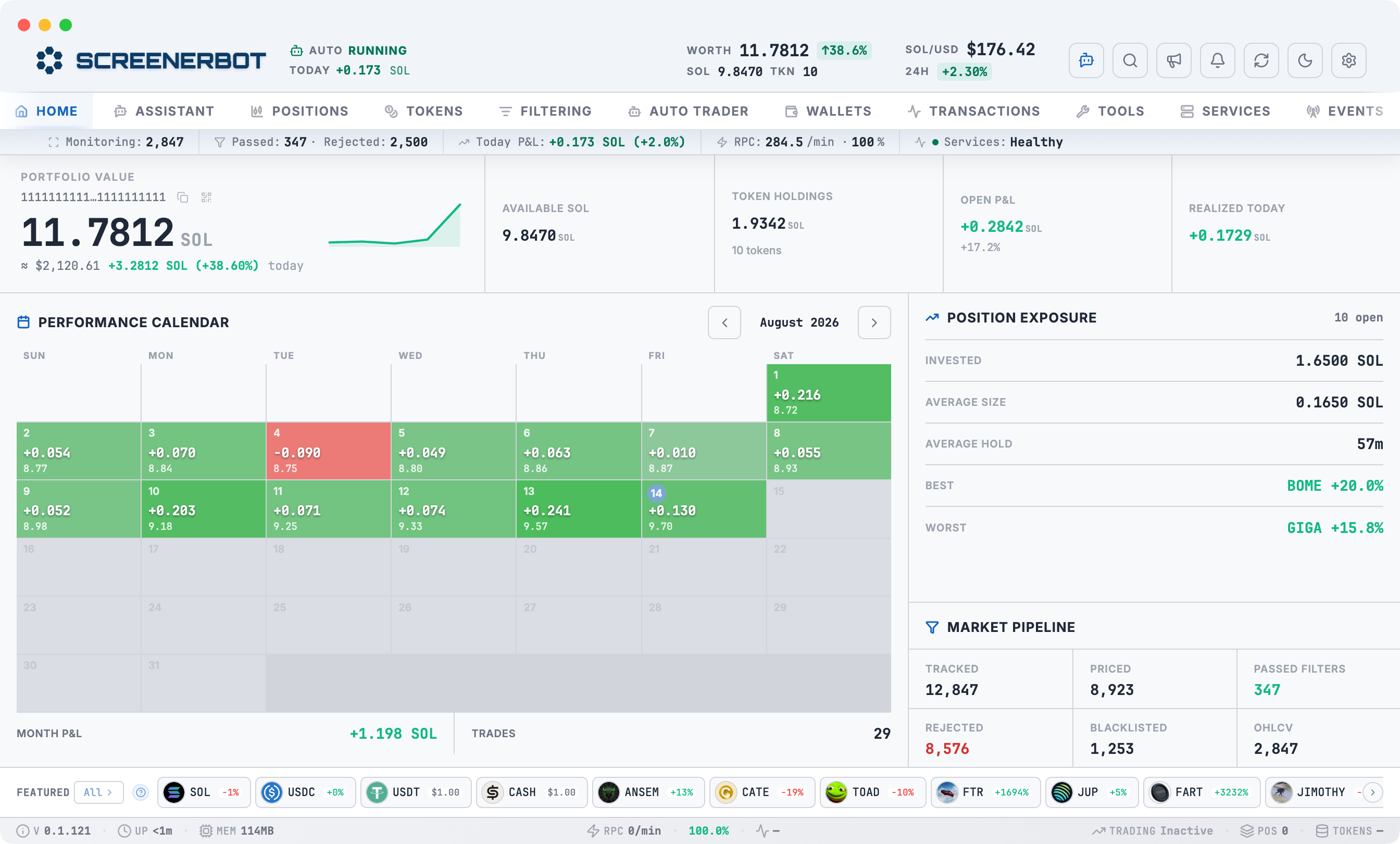 ScreenerBot Home dashboard in light mode with portfolio, calendar, positions, and token cards