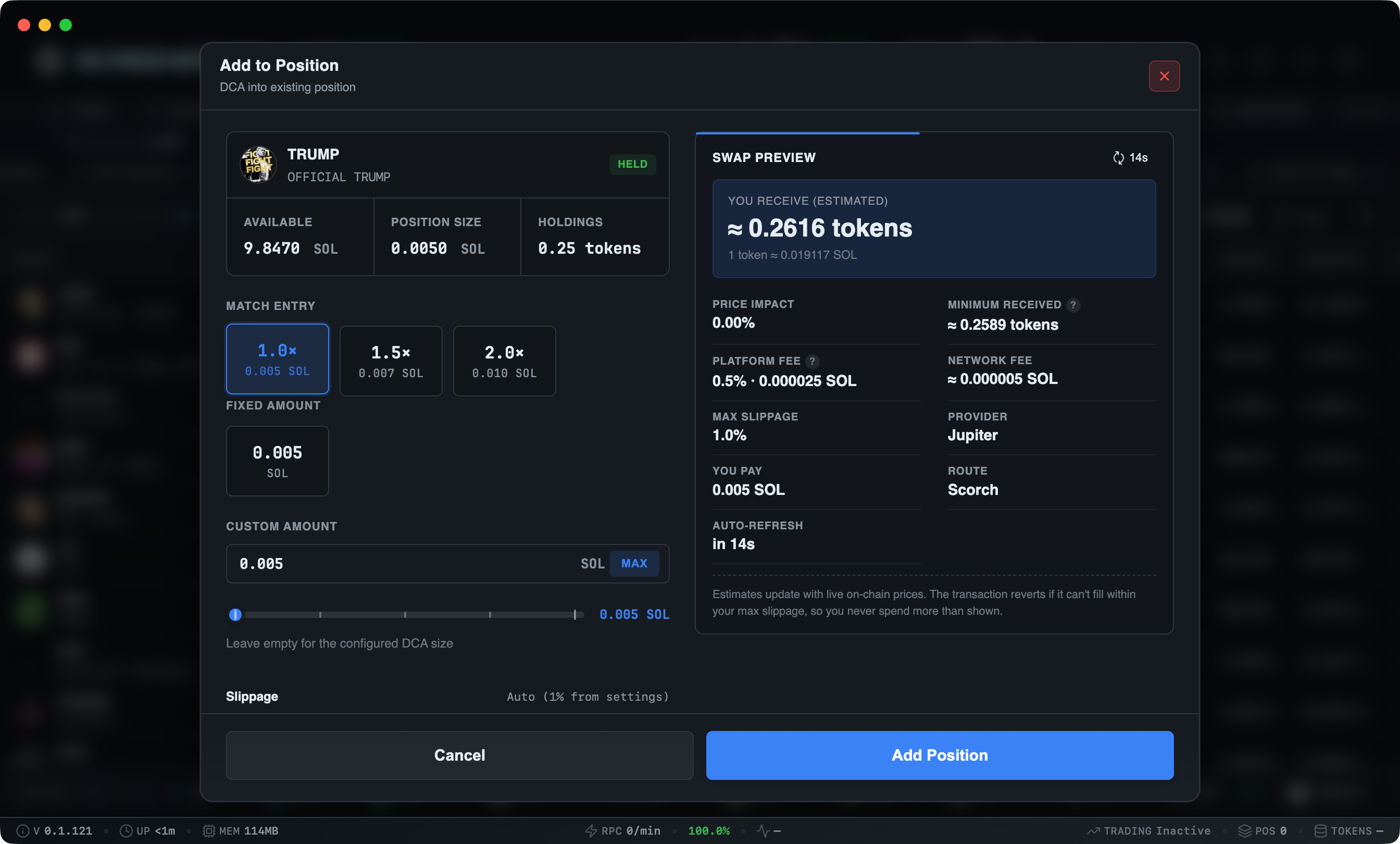 ScreenerBot Manual Trading screenshot — Quick buy and sell with customizable amounts