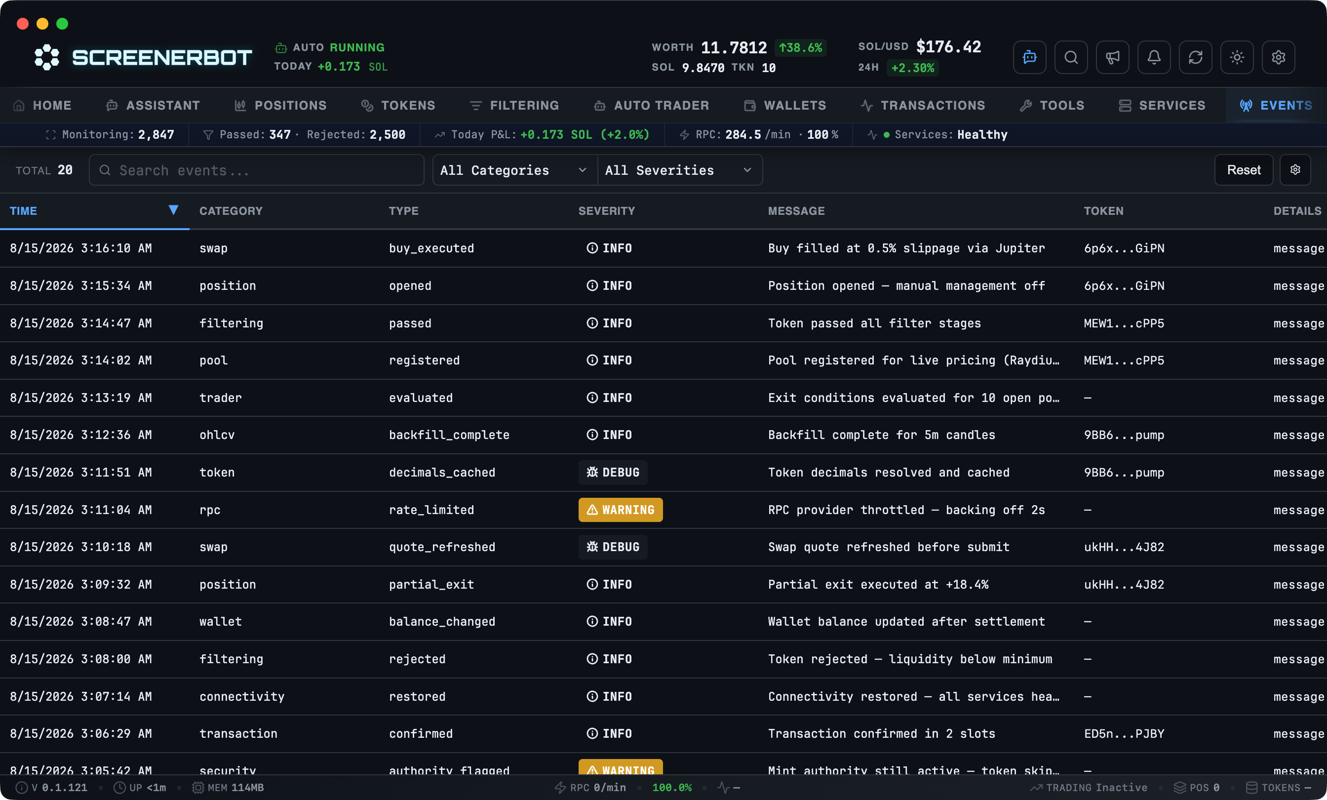 ScreenerBot Event Monitor screenshot — Filterable log of what every service did, by category and severity