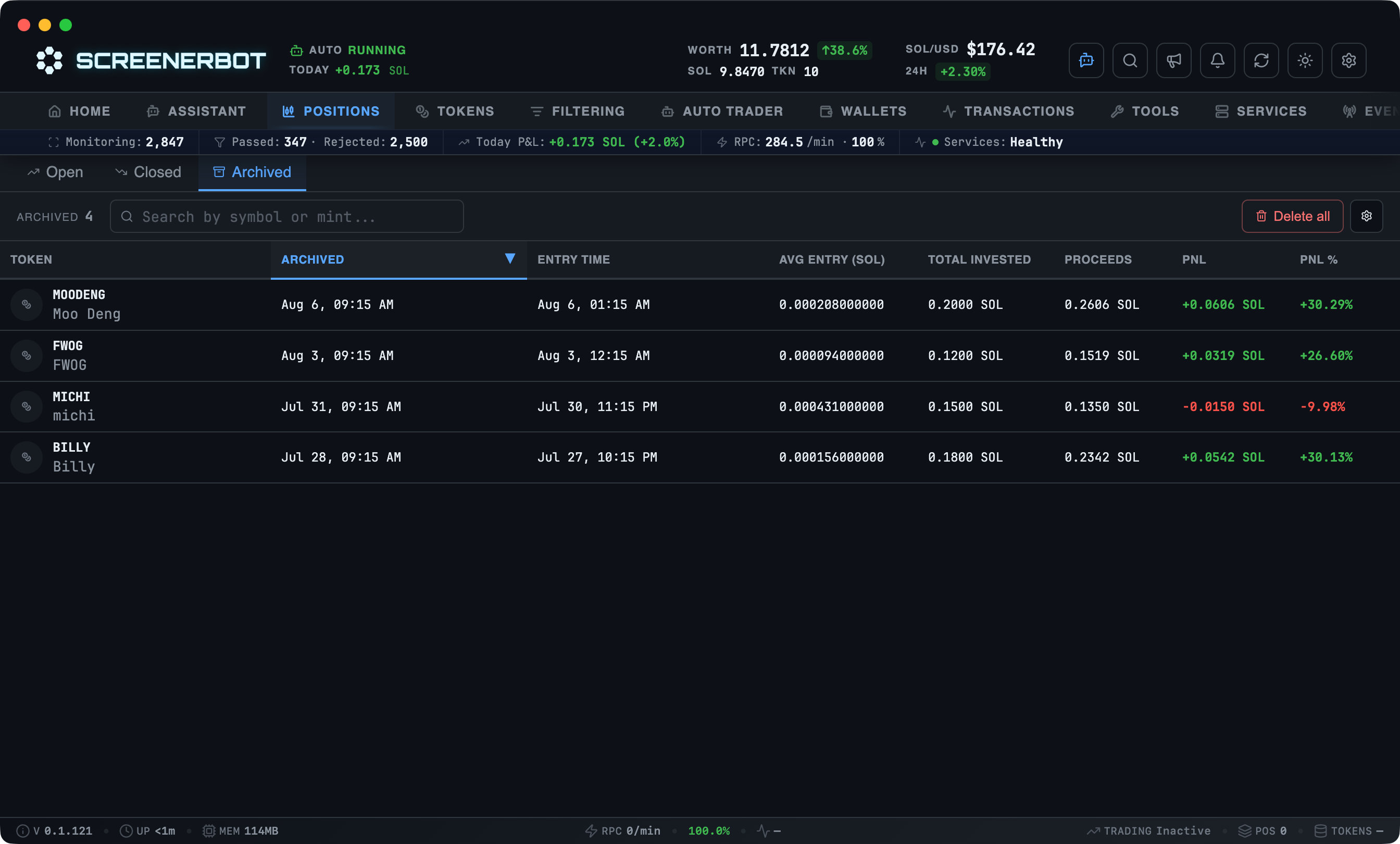 ScreenerBot Archived Positions screenshot — Restore hidden position records or permanently clear archived history