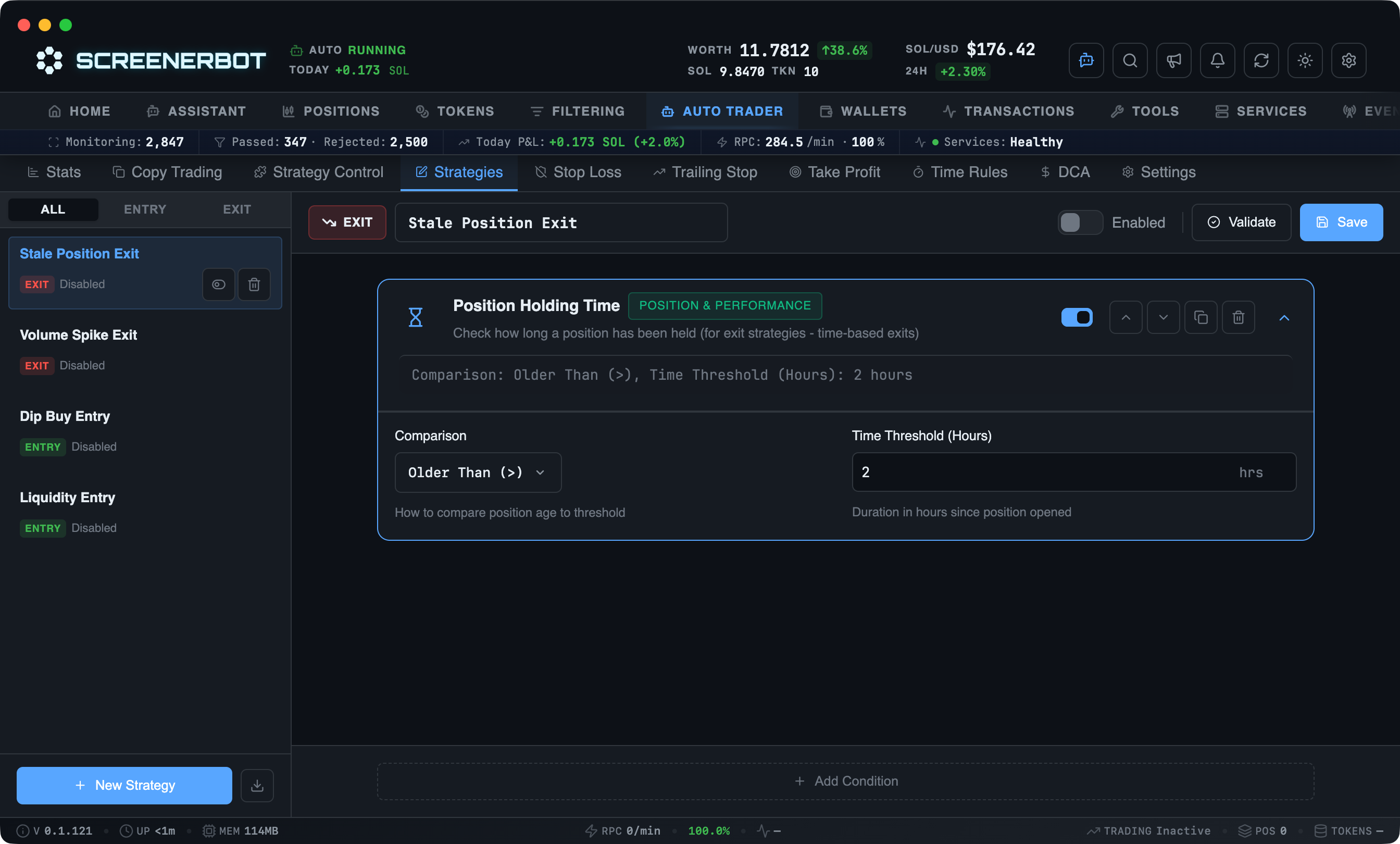 ScreenerBot Auto Trader - Strategy Condition Editor screenshot — Configure parameters for conditions inside a strategy rule tree