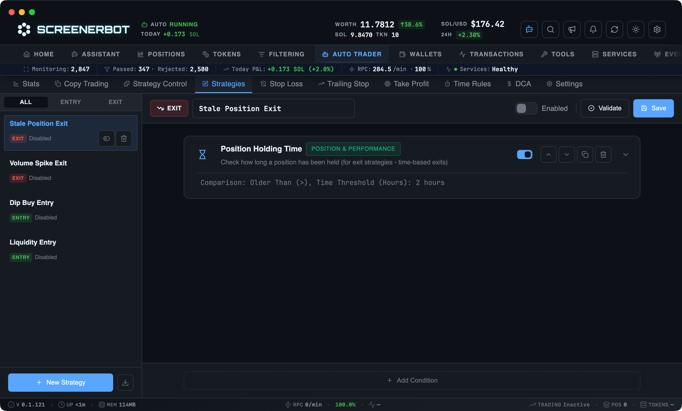 ScreenerBot Auto Trader - Strategies screenshot — Create, edit, validate, test, and prioritize automated strategy rule trees