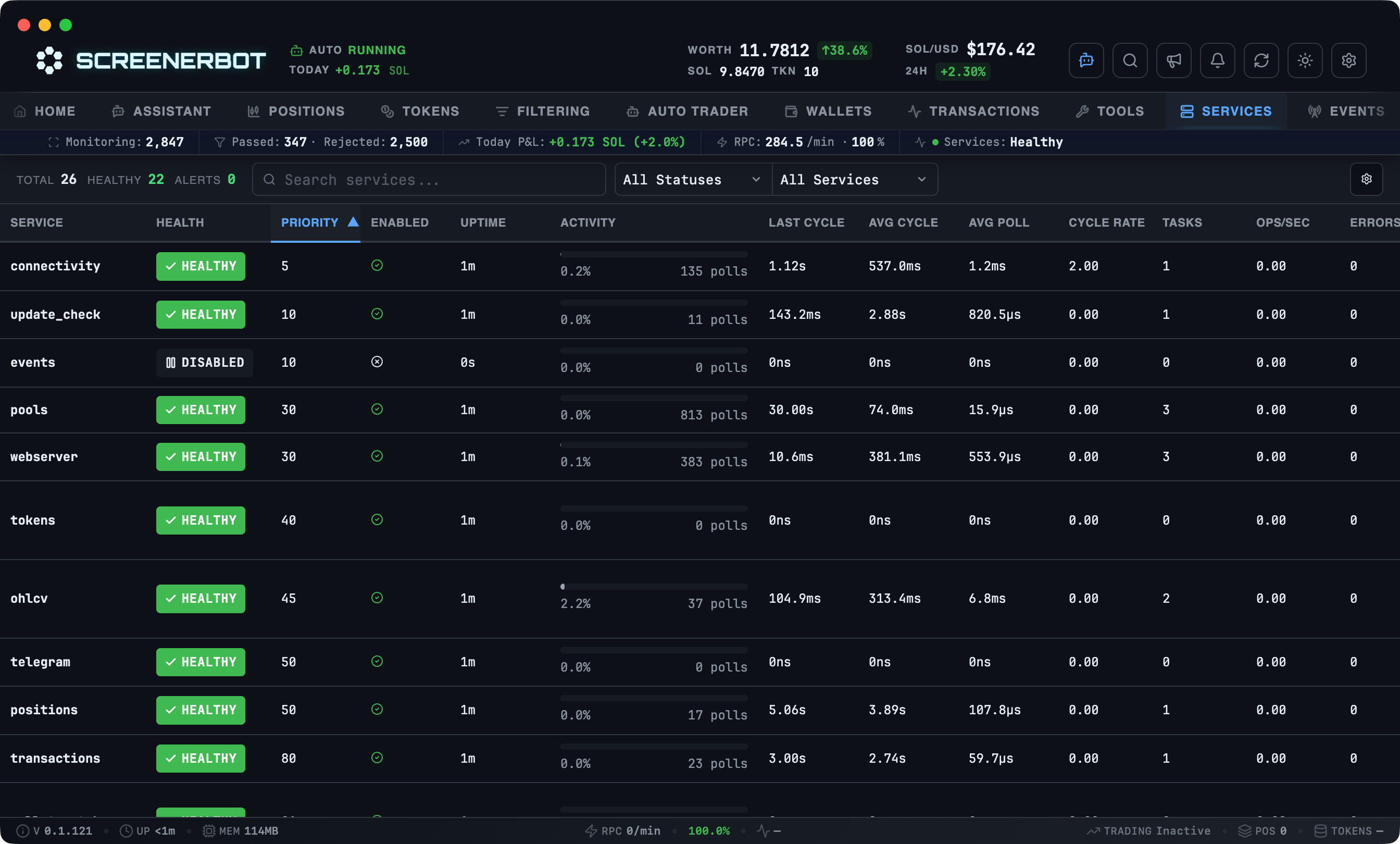 ScreenerBot Service Status screenshot — Monitor bot services and connection health
