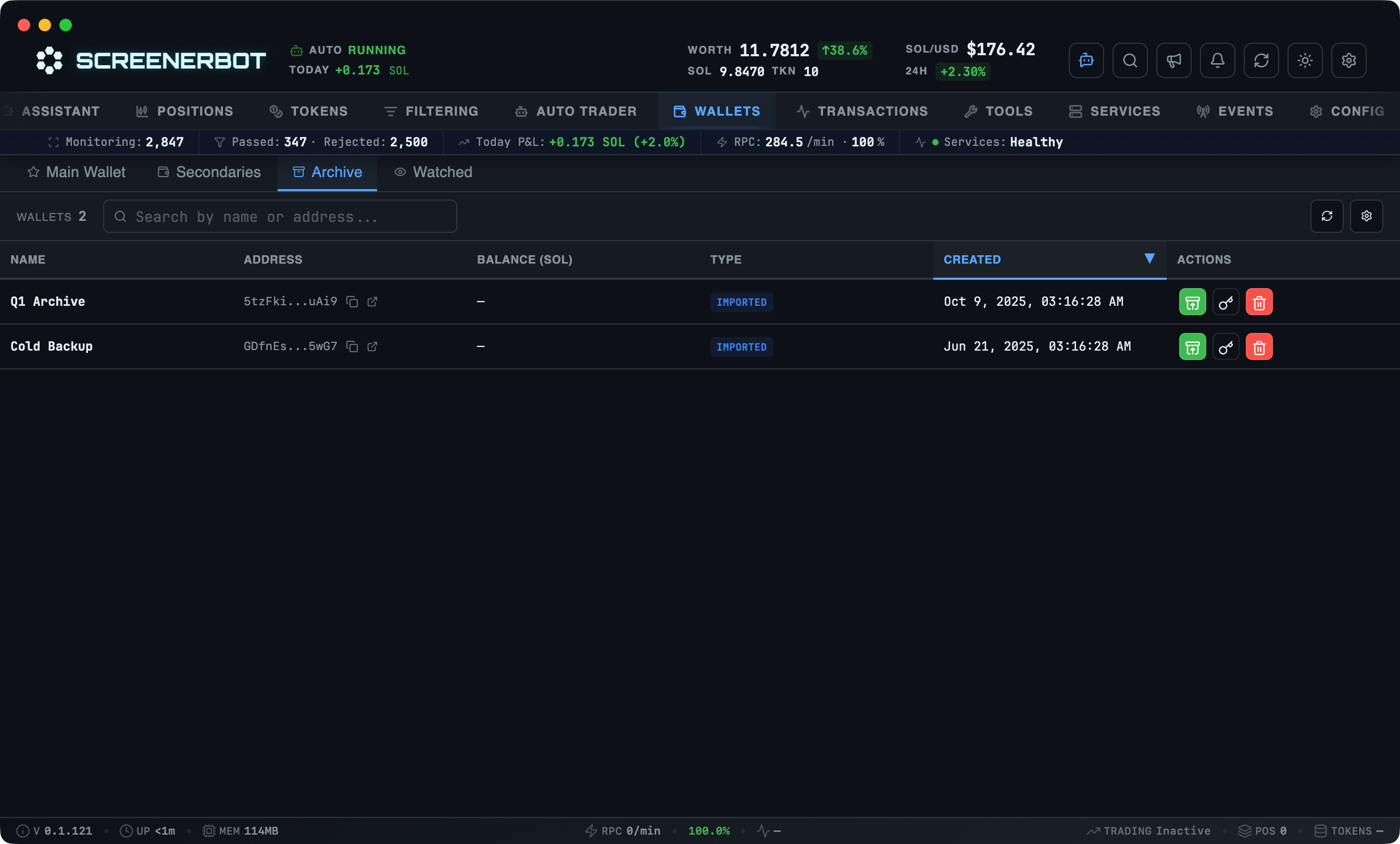 ScreenerBot Archived Wallets screenshot — Retire a wallet without deleting it — the key and its history stay recoverable