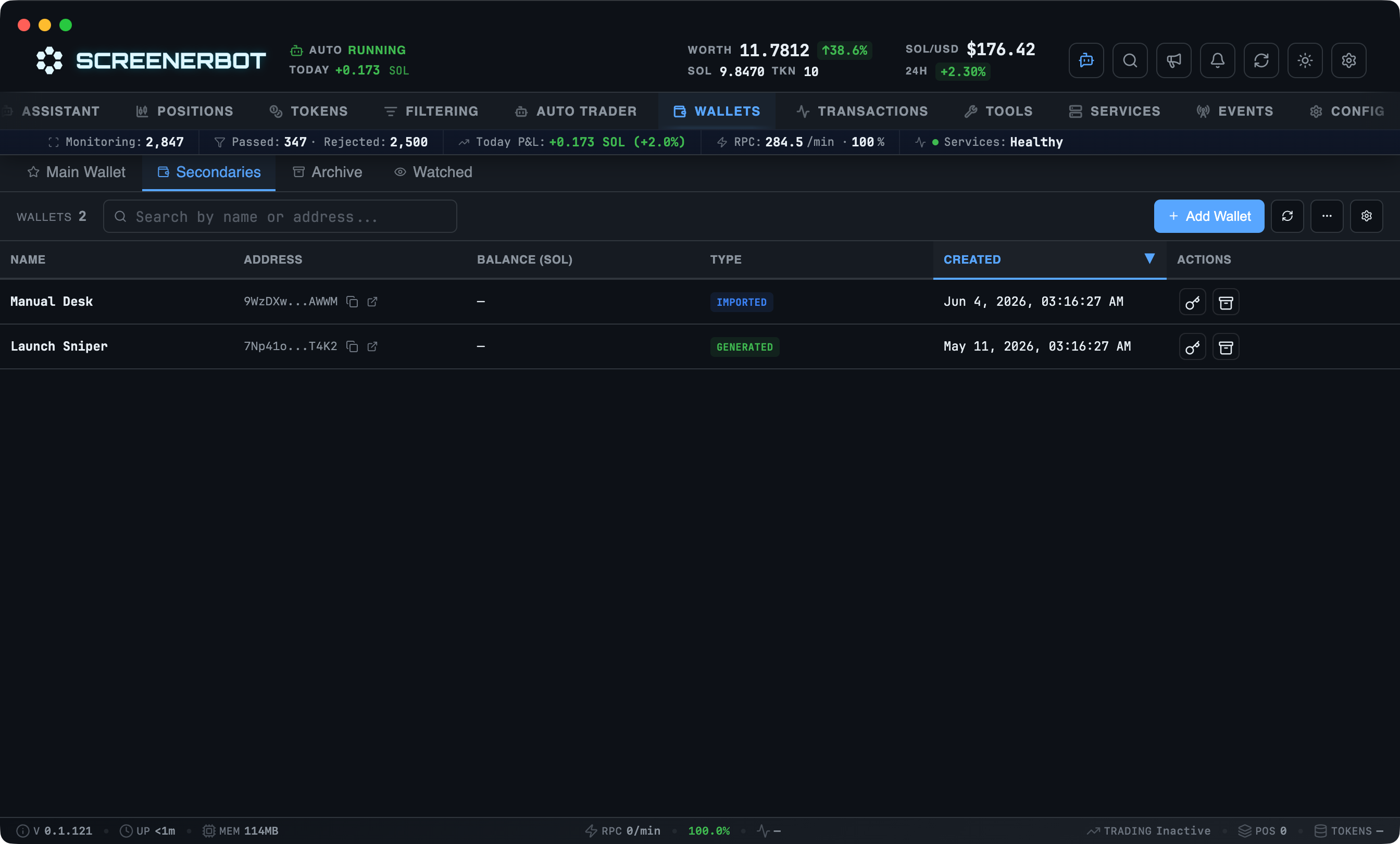 ScreenerBot Secondary Wallets screenshot — Run separate wallets for sniping, manual desks, and testing, each with its own record