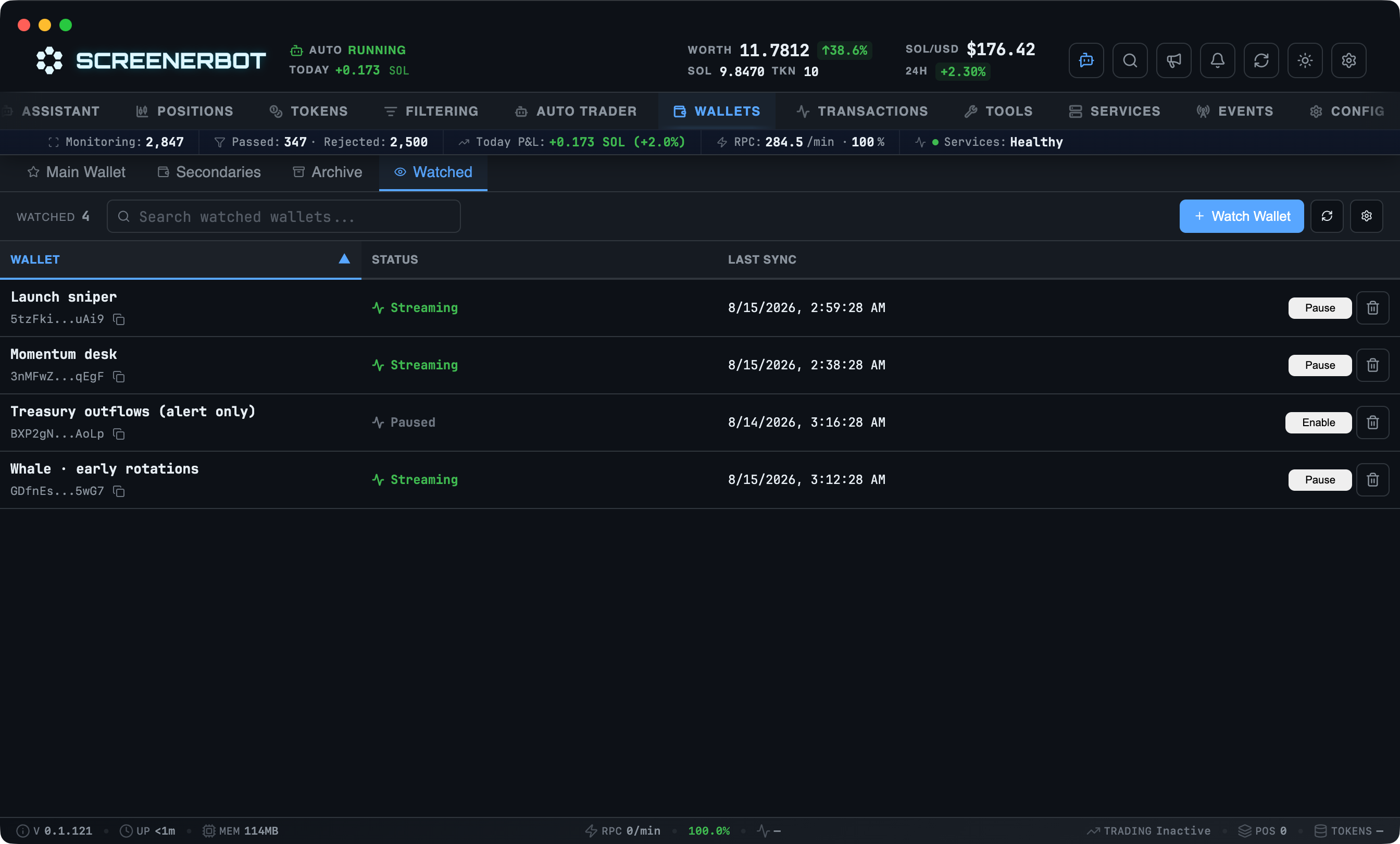 ScreenerBot Watched Wallets screenshot — Observe any Solana address, with live subscription status and the wallets your copy tasks follow
