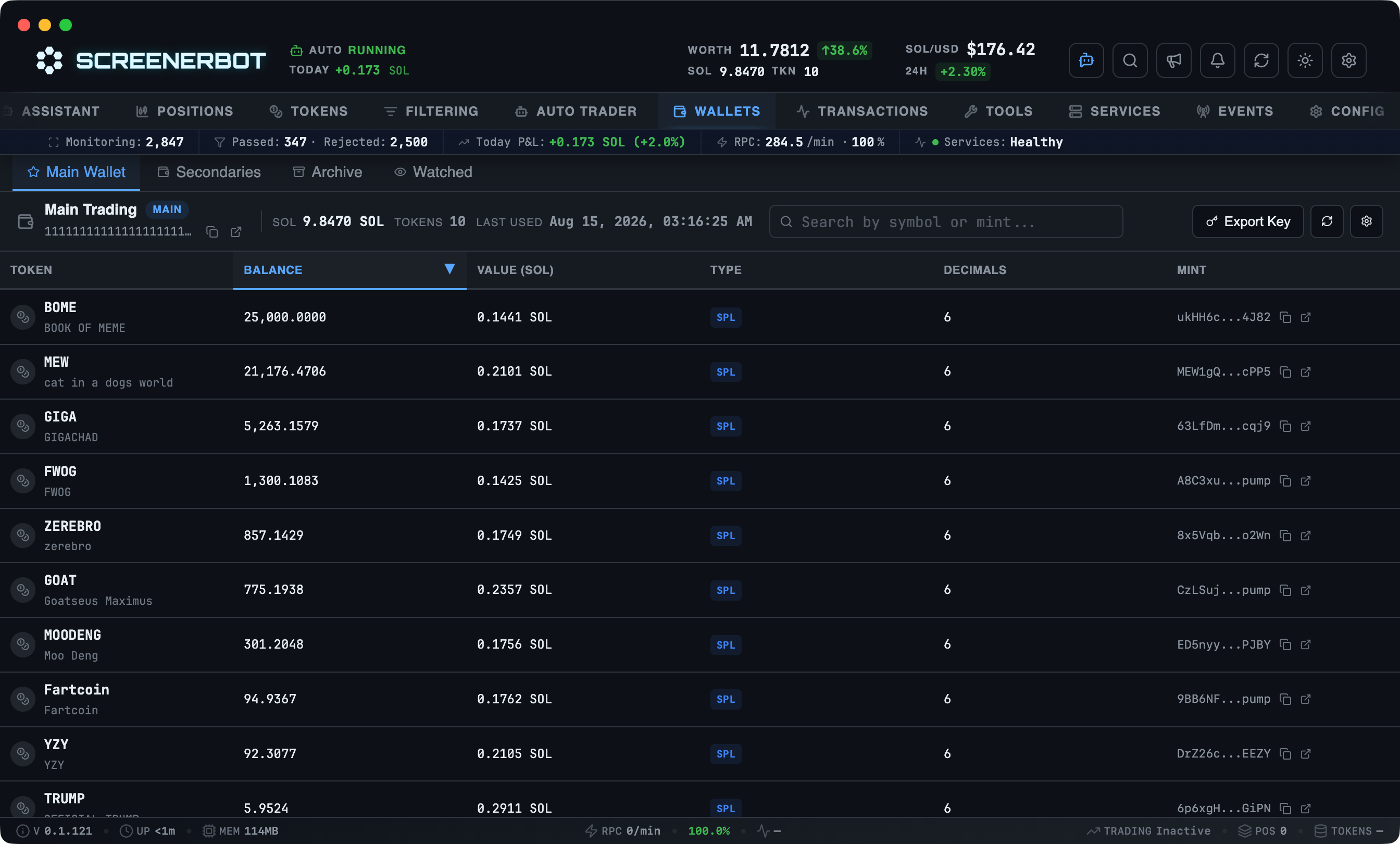 ScreenerBot Wallet Settings screenshot — Trading wallet balance, token holdings, and RPC connection state