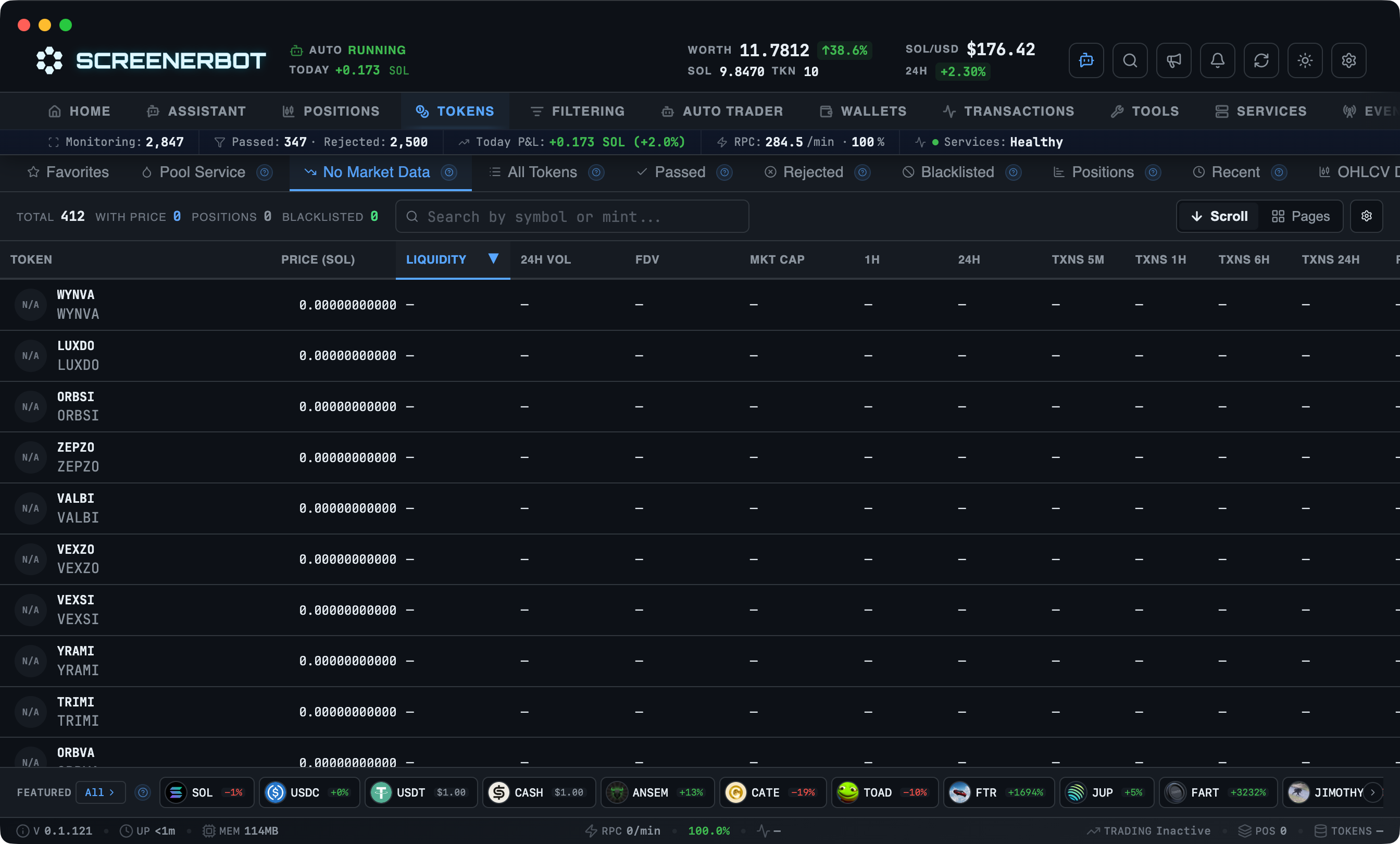 ScreenerBot Tokens - No Market Data screenshot — Token records without a current usable pool price