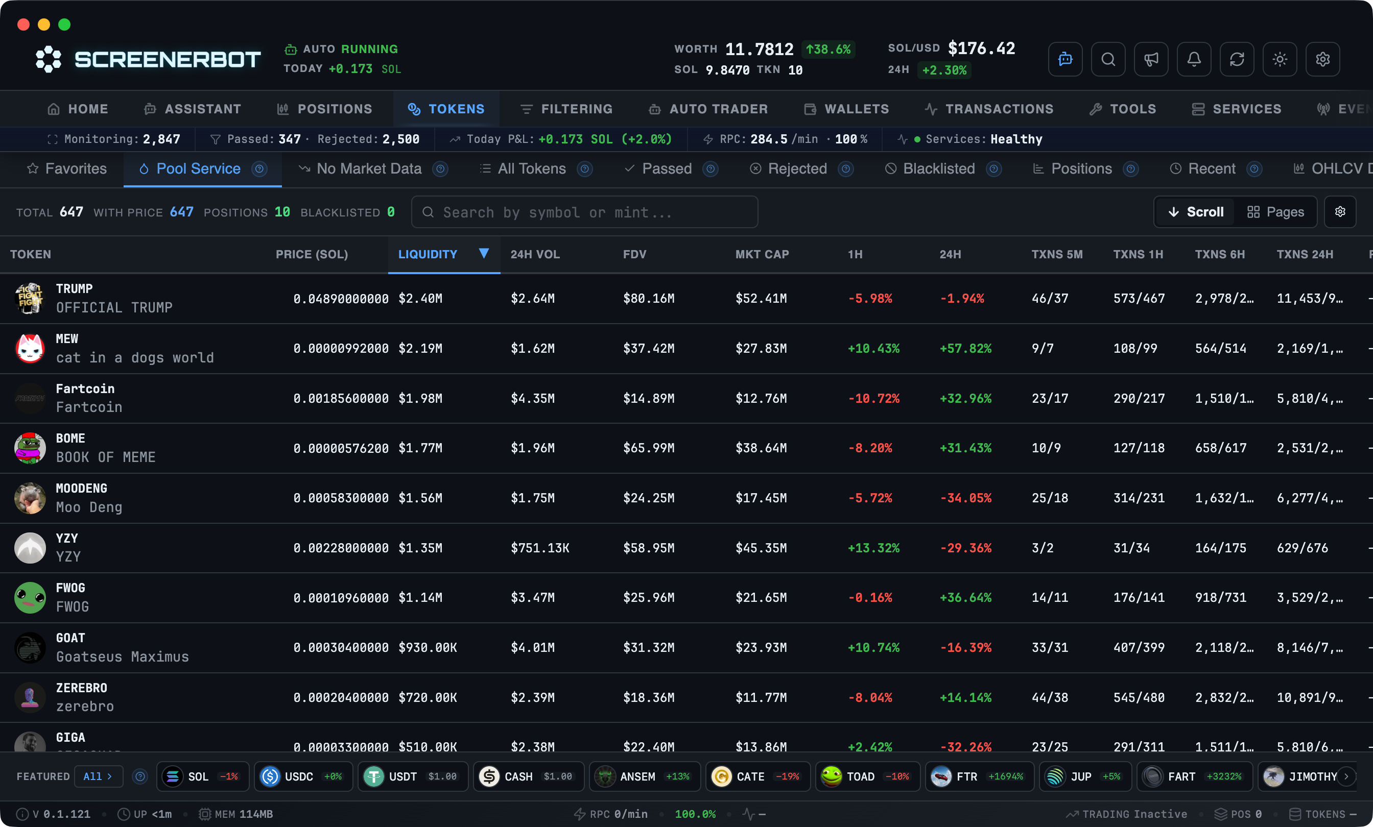 ScreenerBot Tokens - Pool Service screenshot — Tokens covered by direct on-chain pool pricing