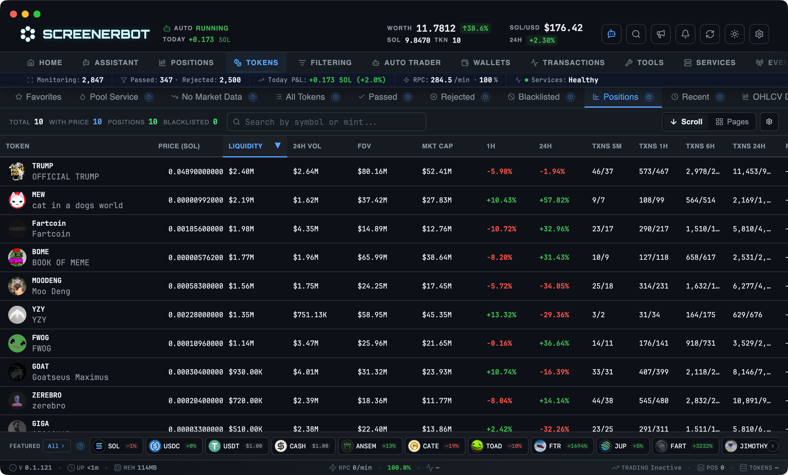 ScreenerBot Tokens - Positions screenshot — Market and security context for tokens with open positions