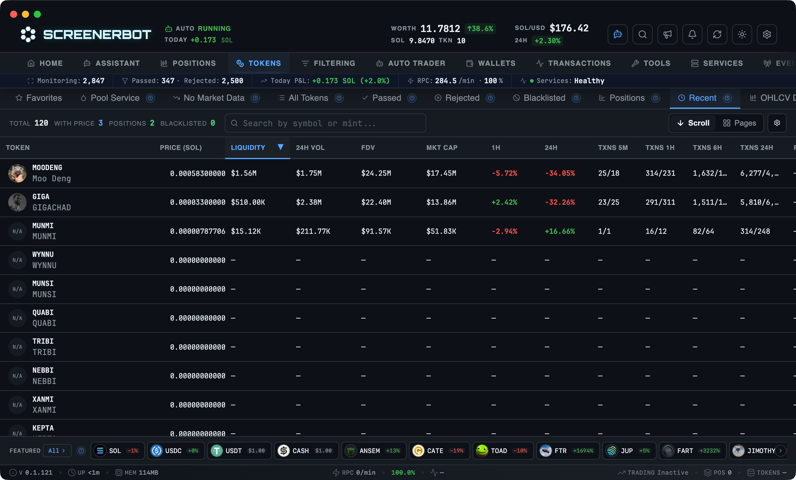 ScreenerBot Tokens - Recent screenshot — New markets inside the configured recent-token window