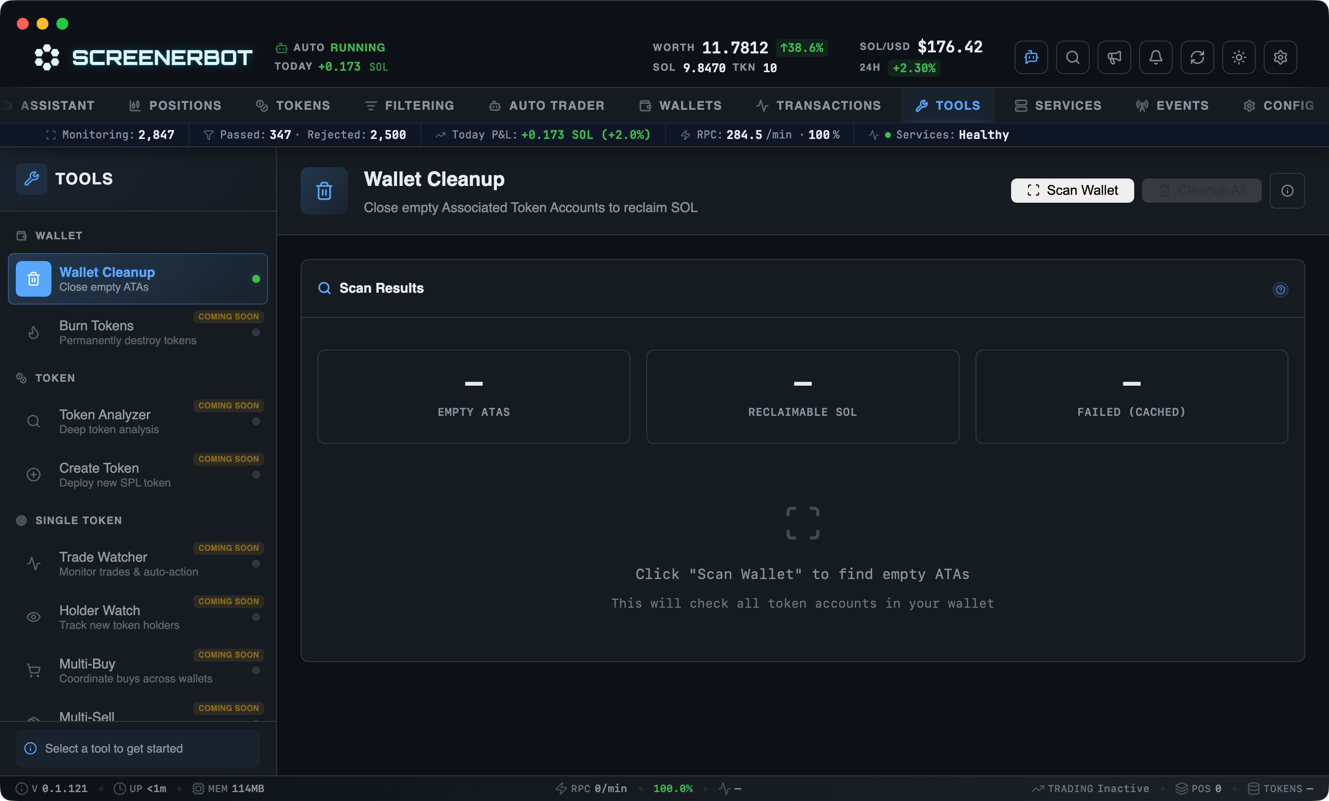 ScreenerBot Wallet Cleanup screenshot — Close empty token accounts and reclaim their rent as SOL